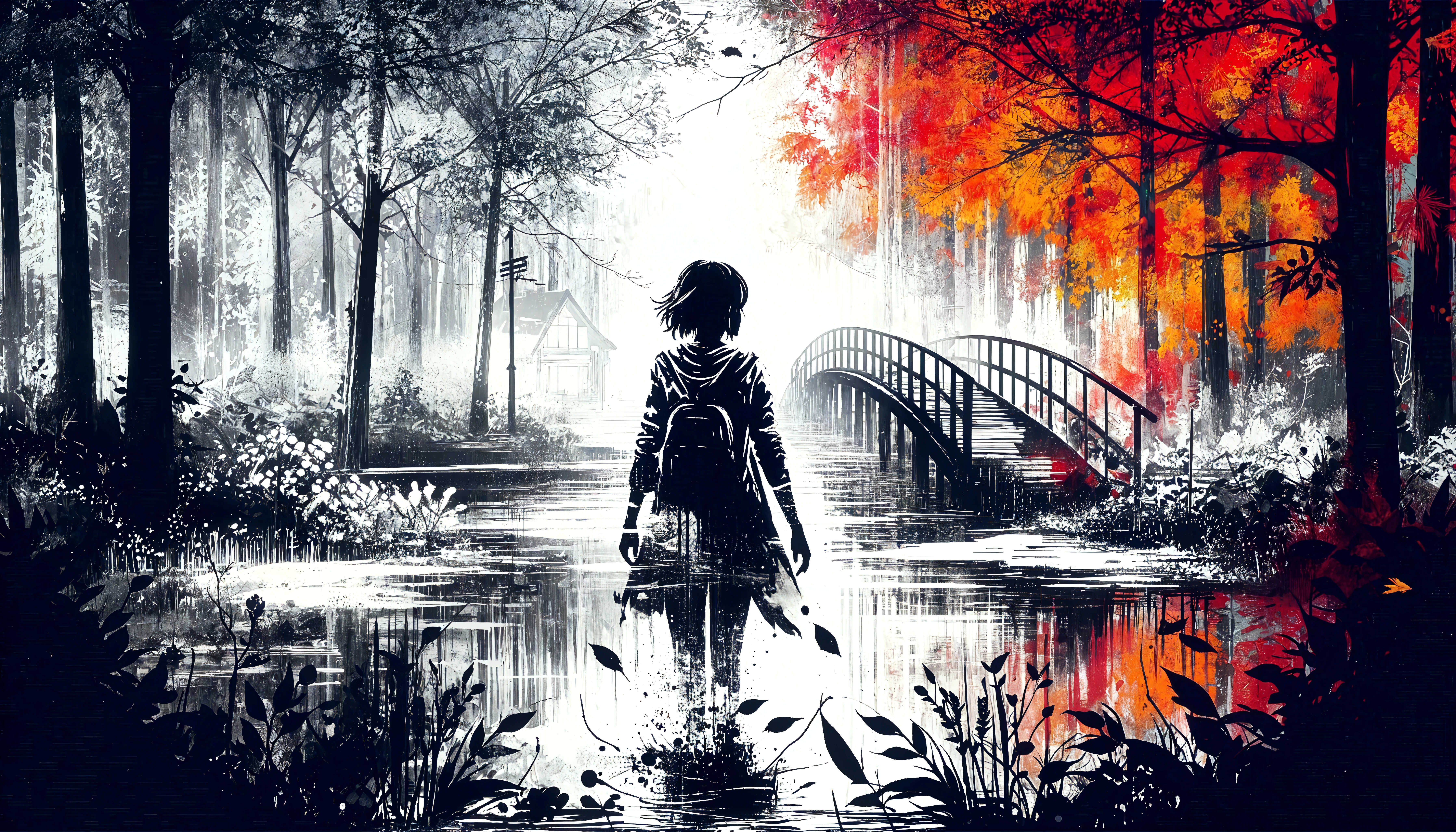best_quality,Raw,illustration,(muted color,partially colored:0.8),detailed linear hatching\(texture\),official art,recolored,flat color,1girl,bloody_rain,reflection,lake,