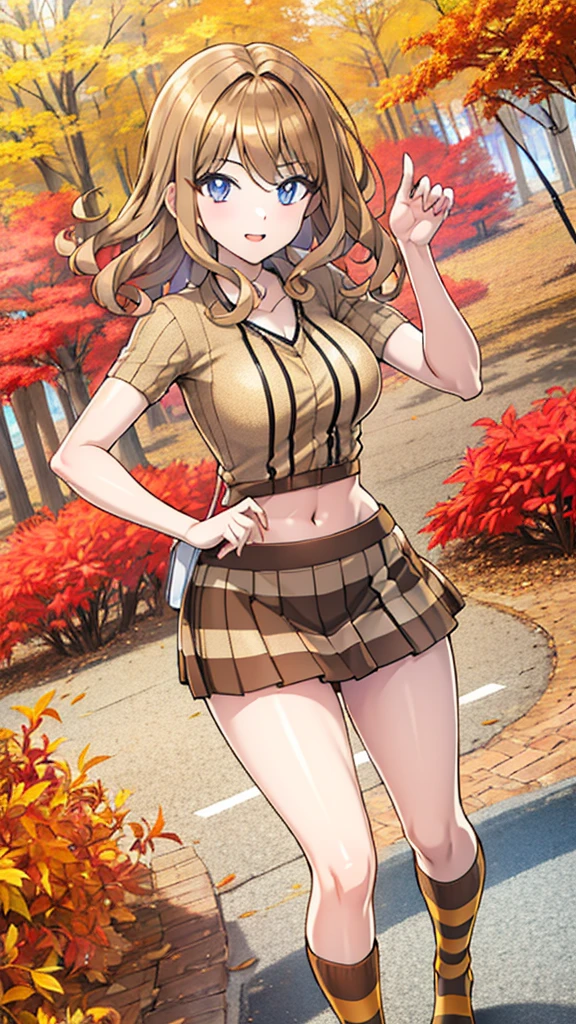 One woman, clothing: A simple, autumn-like red and brown checked autumn blouson with a light grey sweater layered over it. The skirt is a mini length with a muted brown base, made of light fabric that flutters in the breeze. Warm beige and khaki striped tights peek out from under the skirt. Location: A path surrounded by trees with scattered yellow leaves. In the soft autumn sunlight, the leaves dance in the wind, and the colorful trees in the background add warm colors.(Character drawing: full body drawing),Take various poses,Shooting from various Viewpoint,,ChestcleavageEmphasize,,Woman 1,(1 right arm :1.2),(1 left arm :1.2),(1 right leg :1.2),(1 left leg :1.2),(5 right fingertips :1.5),(5 left fingertips :1.5),high resolution,best quality,character high resolution:1.3,perfect pixels,studio lighting,sharp focus,bright colors,portrait,warm colors,soft lighting,