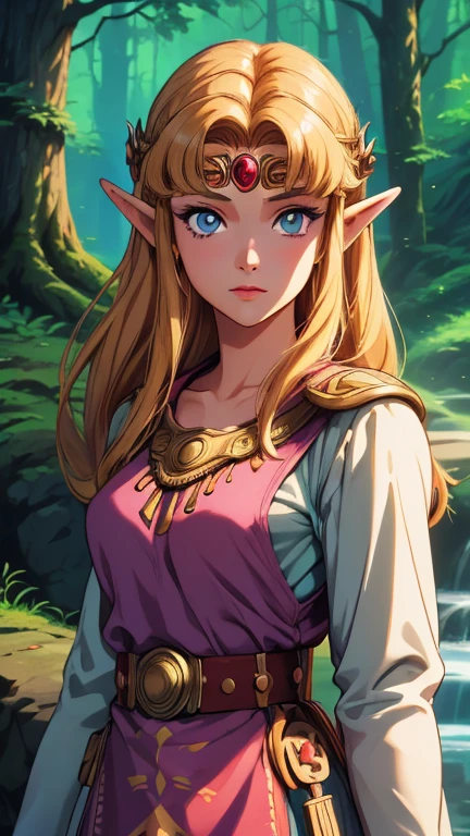 (1girl, solo, zelda-albw), (extremely detailed CG unit 8k wallpaper),(master part), (best quality), (ultra detail), (best illustration),(80'sFusion:0.6), cowboy shot, (Sharp eyeliner, ombre, detailed eyes:1), forest, outdoors background, ,break, upper body, 