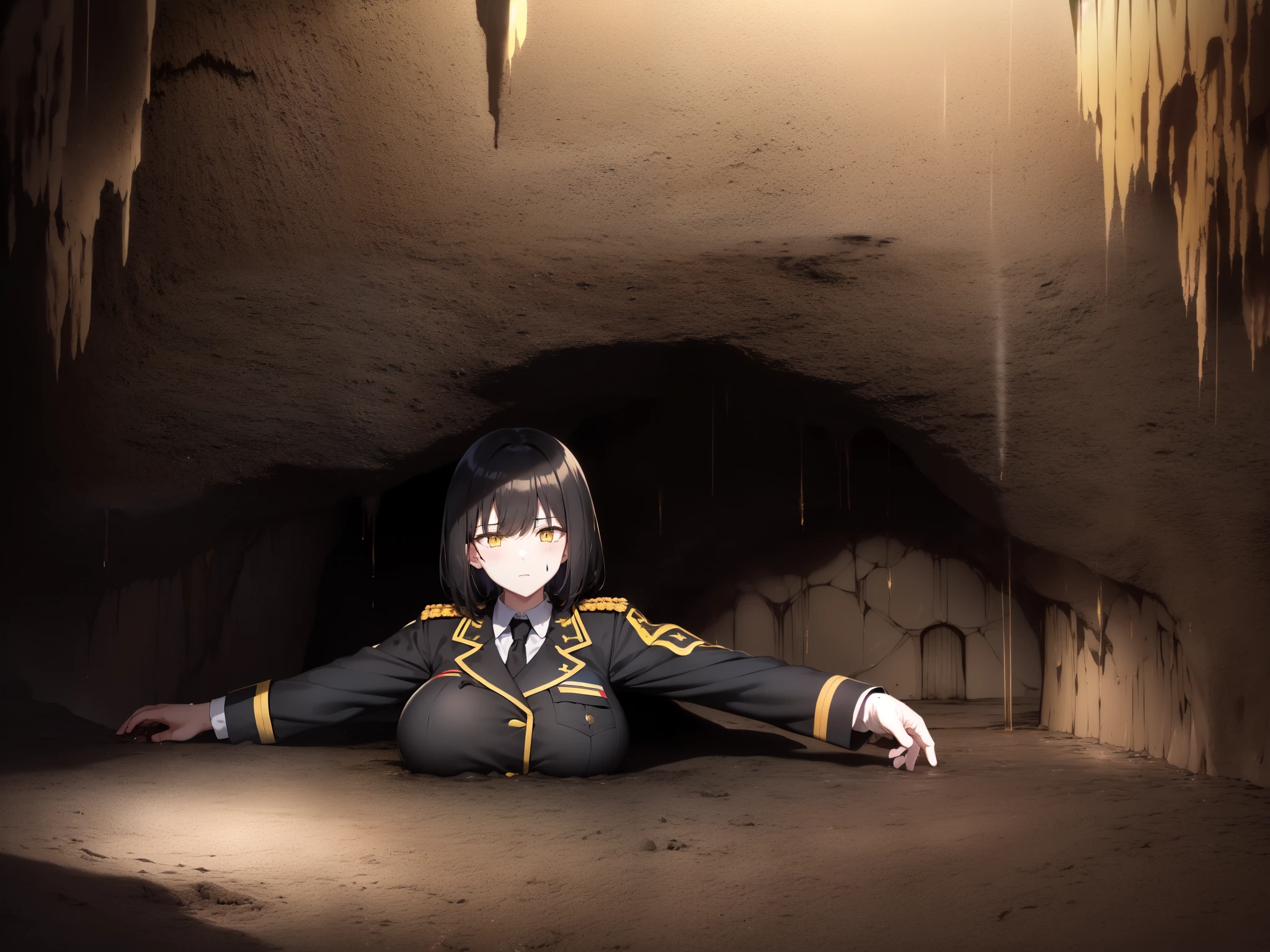 1girl, solo, huge breasts, (black short hair:1.5), (yellow eyes:1.5), (white military uniform:1.9), (epaulletes:1.5), necktie, partially submerged, in mud, flooding up to the chest, upper body, raised eyebrows, d:, (cave:1.9), (cavern:1.9), (dark:1.9), (old mine:1.9), 4k, hd, (mud:1.9),