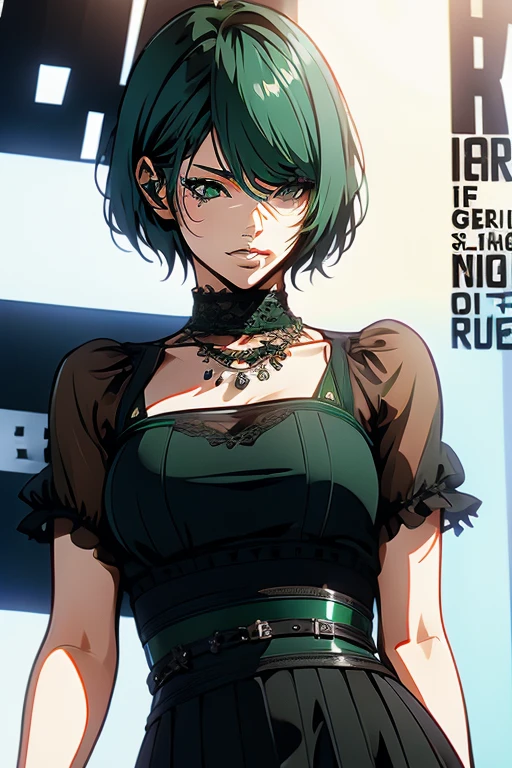 ((1girl)), mature woman, tamaki, green eyes, small eyes, green hair, (boyish short hair:1.3), Fashion magazine cover, high fashion brands, big breasts, edgGrunge Goth clothing, wearing sunglasses