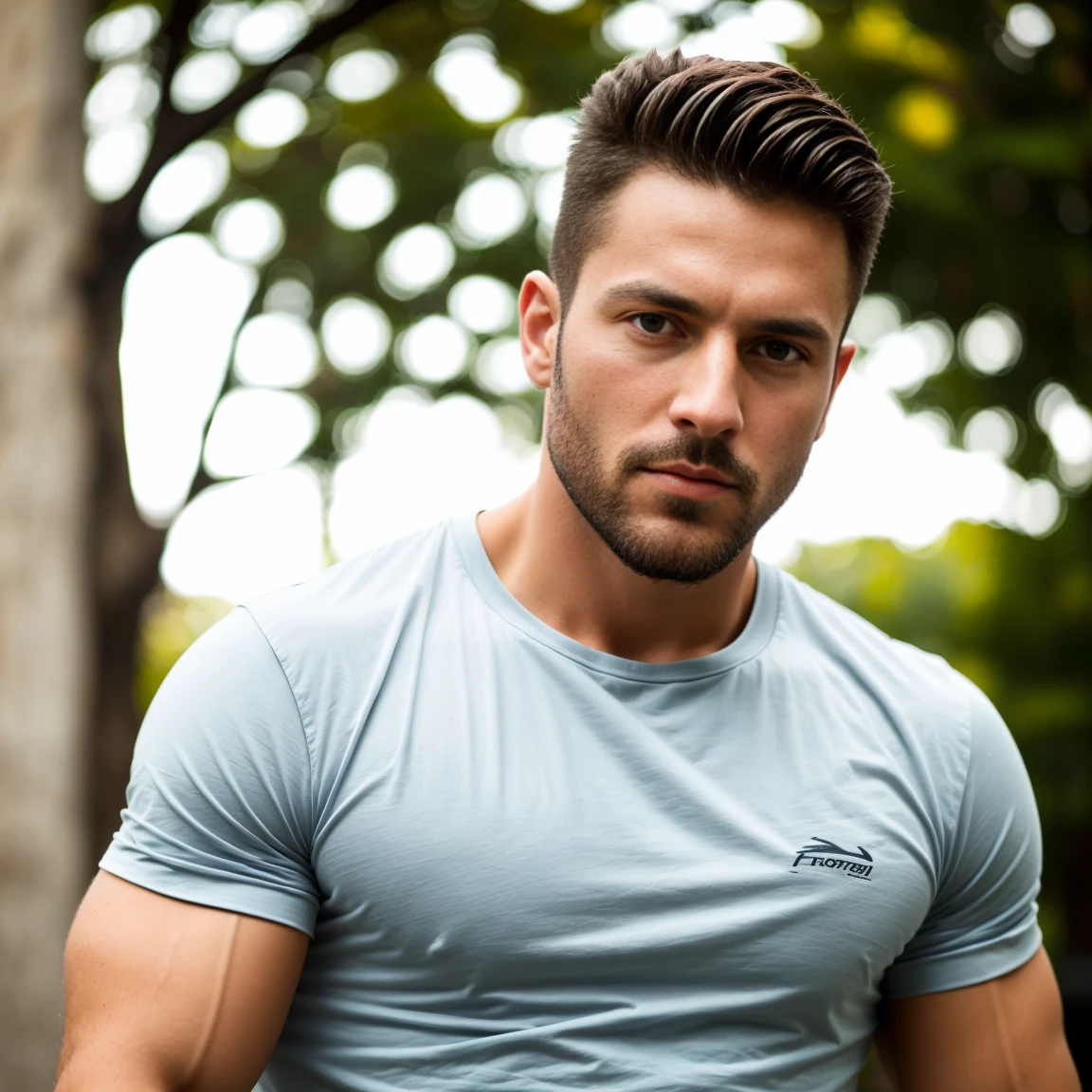 1man, A close up shot of a charismatic male fitness model, 30 years old，small beard, tired expression，gloomy eyes，Blue eyes, captured posing in a Barcelona park, wearing a t-shirt and shorts, soft natural lighting, cinematic and moody, (best quality,4k,8k,highres,masterpiece:1.2),ultra-detailed,(realistic,photorealistic,photo-realistic:1.37),HDR,studio lighting,professional,vivid colors,dramatic lighting