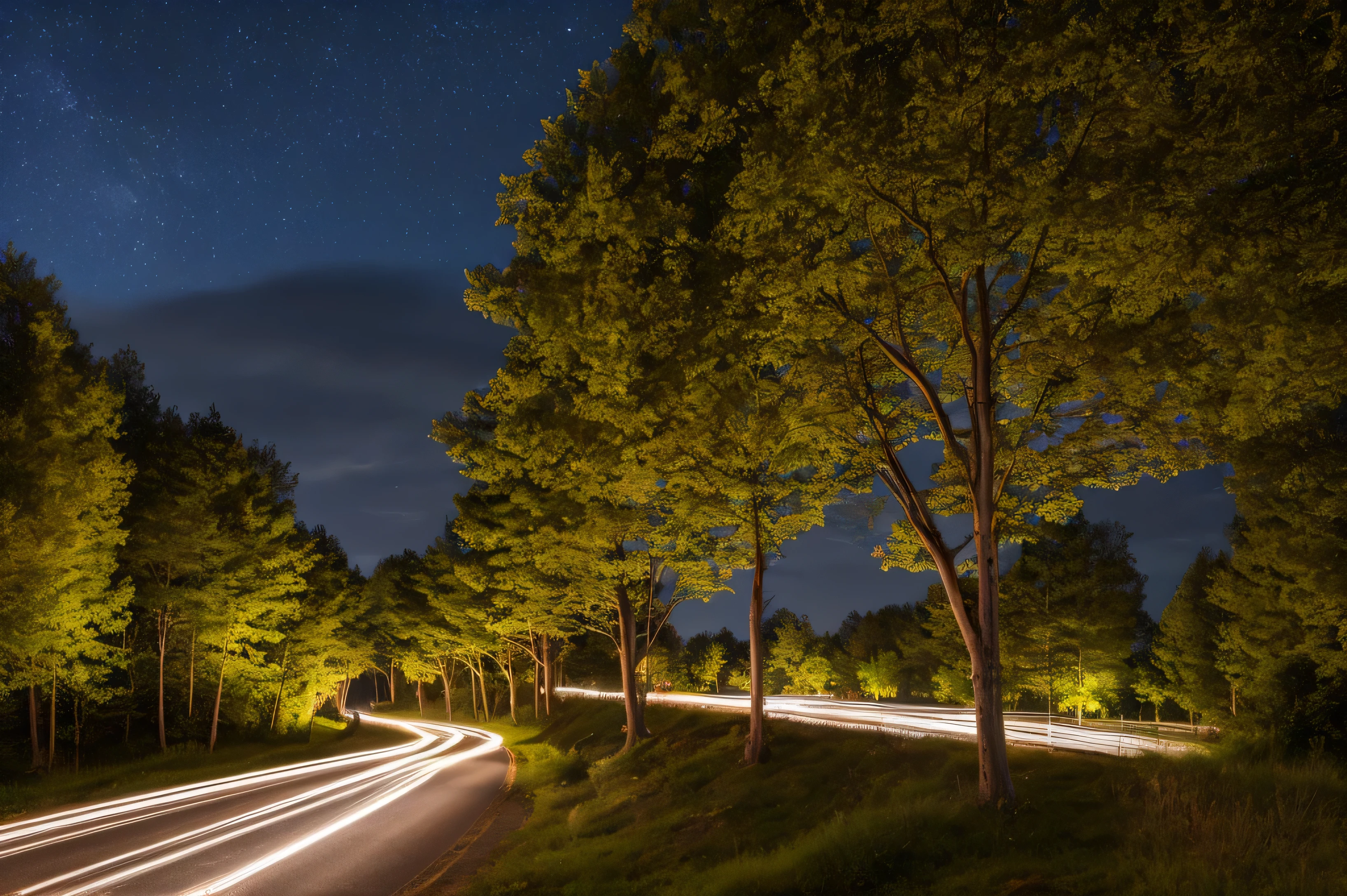 Generate a realistic long exposure image of a rural village road at night. The road is lined with small houses and trees, softly illuminated by a few streetlights. The long exposure effect should create flowing light trails from distant vehicles or lanterns, blending with the peaceful, quiet atmosphere of the village. Stars in the sky should appear as faint trails, enhancing the calm and serene mood. The overall composition should evoke a tranquil rural environment, with the motion blur of light adding contrast to the stillness of the village.