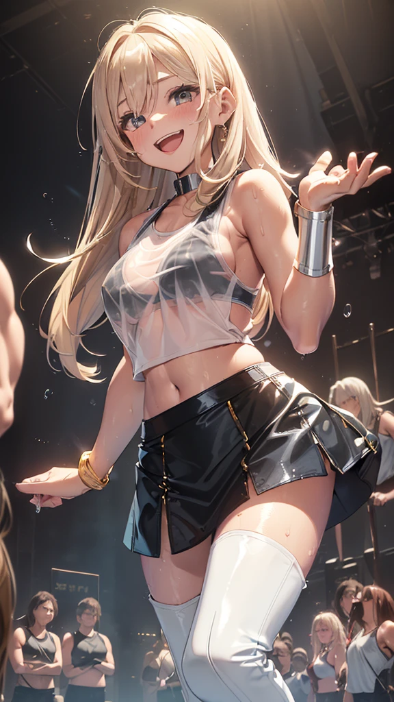 (masterpiece:1.2), (best quality:1.2), (extremely detailed:1.2), (extremely detailed face), (photorealistic:1.2), (ultra detailed), 4girls, from top, standing, blonde, wetshirt, small breast, (hairy, pubic hair peek:1.2),wet and shiny skin, slim and petite body, high ponytail hair, smiling , on stage, (crowd:1.2),<lora:wetshirt15_v1.1.0:1>