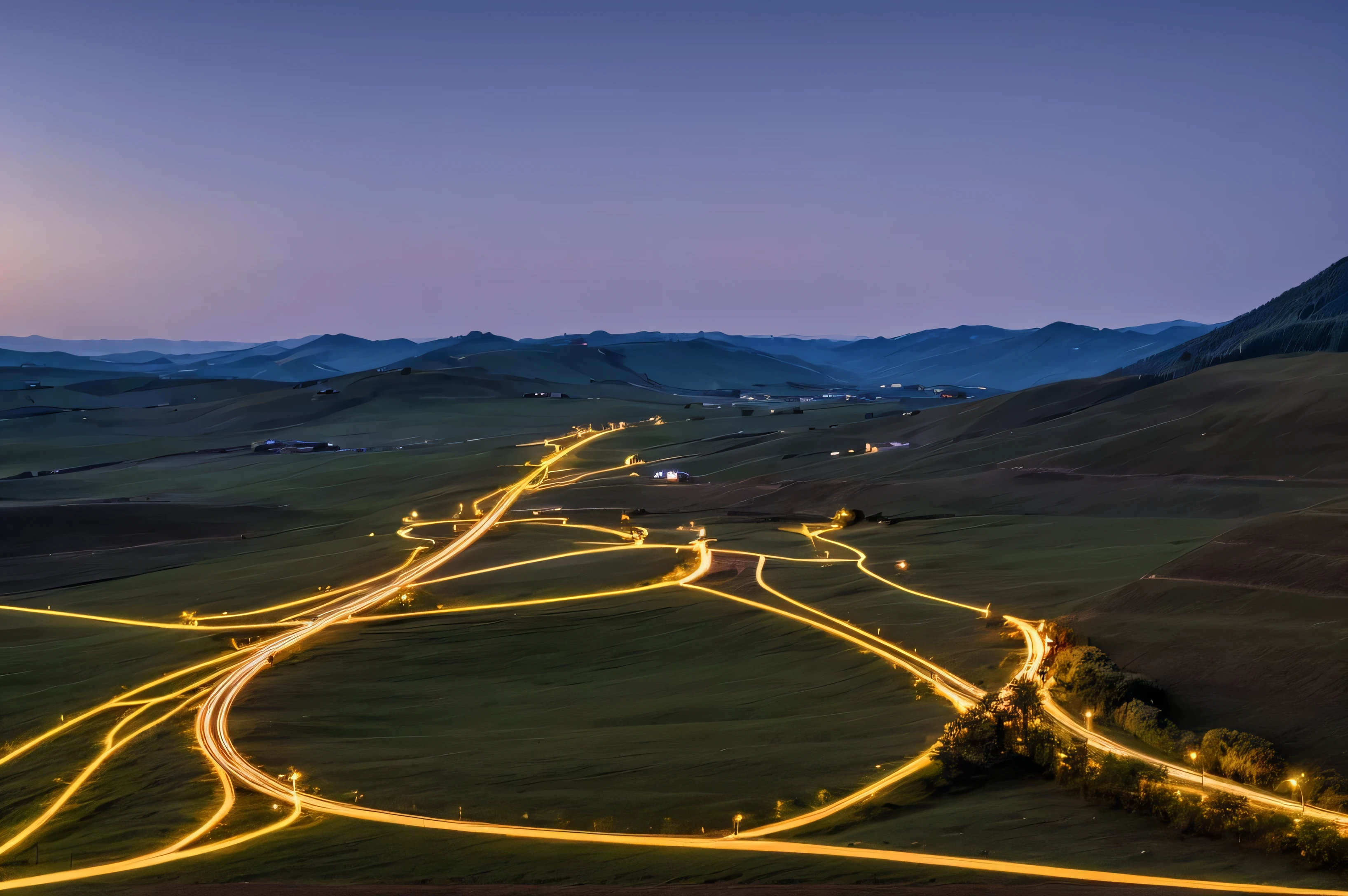 Generate a realistic long exposure image of a rural village road at night. The road is lined with small houses and trees, softly illuminated by a few streetlights. The long exposure effect should create flowing light trails from distant vehicles or lanterns, blending with the peaceful, quiet atmosphere of the village. Stars in the sky should appear as faint trails, enhancing the calm and serene mood. The overall composition should evoke a tranquil rural environment, with the motion blur of light adding contrast to the stillness of the village.