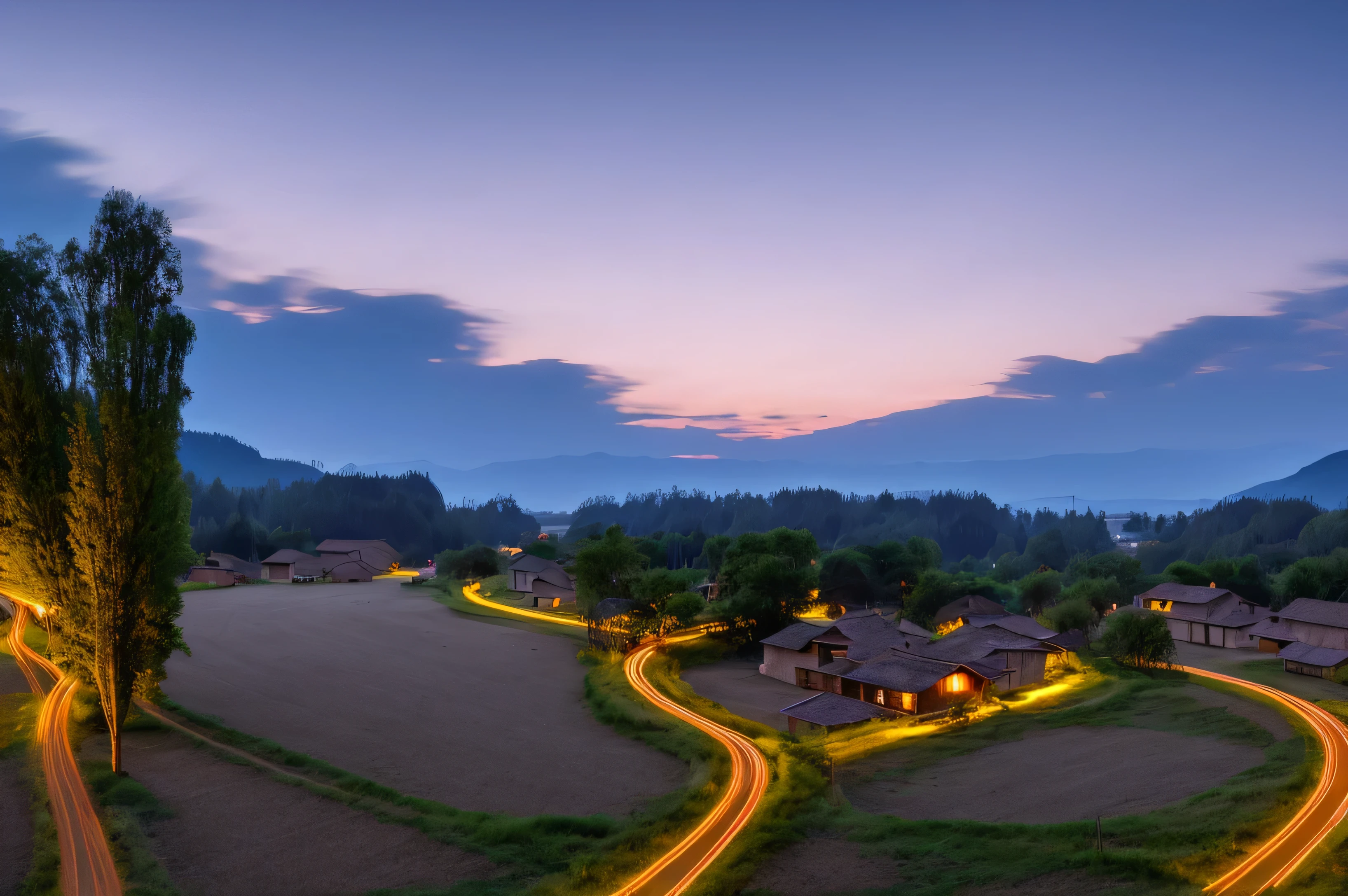 Generate a realistic long exposure image of a rural village road at night. The road is lined with small houses and trees, softly illuminated by a few streetlights. The long exposure effect should create flowing light trails from distant vehicles or lanterns, blending with the peaceful, quiet atmosphere of the village. Stars in the sky should appear as faint trails, enhancing the calm and serene mood. The overall composition should evoke a tranquil rural environment, with the motion blur of light adding contrast to the stillness of the village.