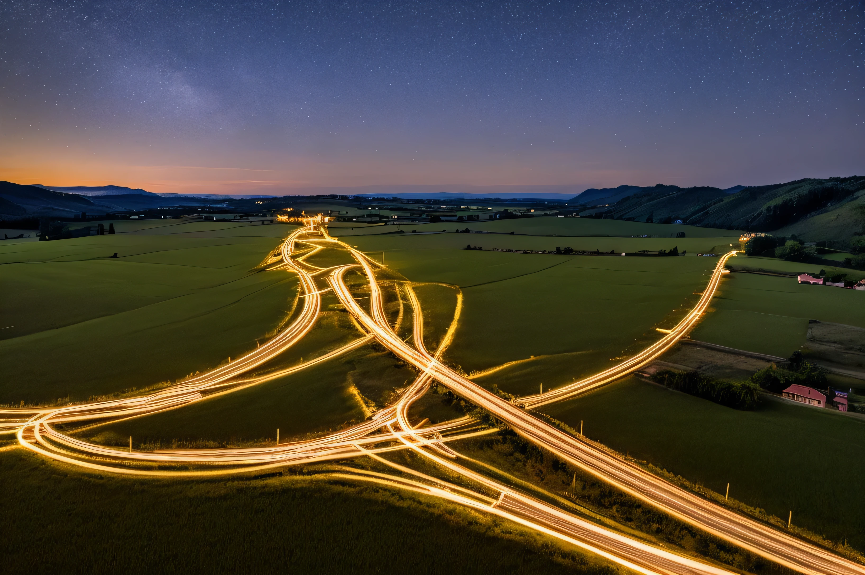 Generate a realistic long exposure image of a rural village road at night. The road is lined with small houses and trees, softly illuminated by a few streetlights. The long exposure effect should create flowing light trails from distant vehicles or lanterns, blending with the peaceful, quiet atmosphere of the village. Stars in the sky should appear as faint trails, enhancing the calm and serene mood. The overall composition should evoke a tranquil rural environment, with the motion blur of light adding contrast to the stillness of the village.