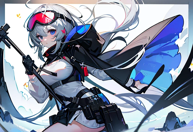 (((((Black Mask gun))))) ((((Black hoodie woman)))) (((blue eyes White Hair Short Hair))) ((Shiny earrings black ribbon Catch the wind)) White background Shining Edge Shining Background