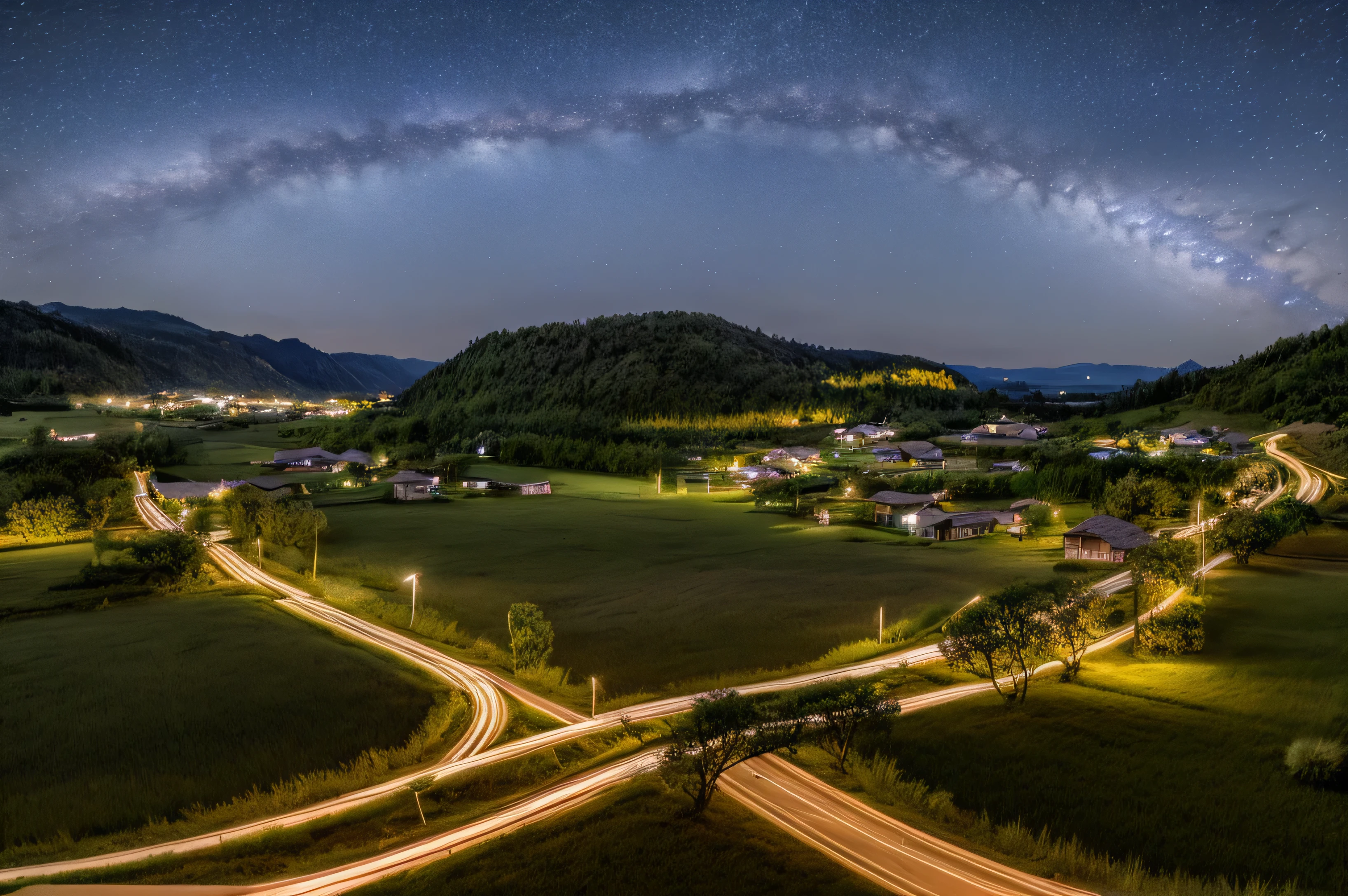 Generate a realistic long exposure image of a rural village road at night. The road is lined with small houses and trees, softly illuminated by a few streetlights. The long exposure effect should create flowing light trails from distant vehicles or lanterns, blending with the peaceful, quiet atmosphere of the village. Stars in the sky should appear as faint trails, enhancing the calm and serene mood. The overall composition should evoke a tranquil rural environment, with the motion blur of light adding contrast to the stillness of the village.