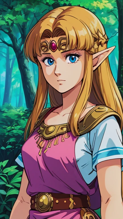 (1girl, solo, zelda-albw), (extremely detailed CG unit 8k wallpaper),(master part), (best quality), (ultra detail), (best illustration),(C1tyHunt3er), cowboy shot, (Sharp eyeliner, ombre, detailed eyes:1), forest, outdoors background, ,break, upper body, 