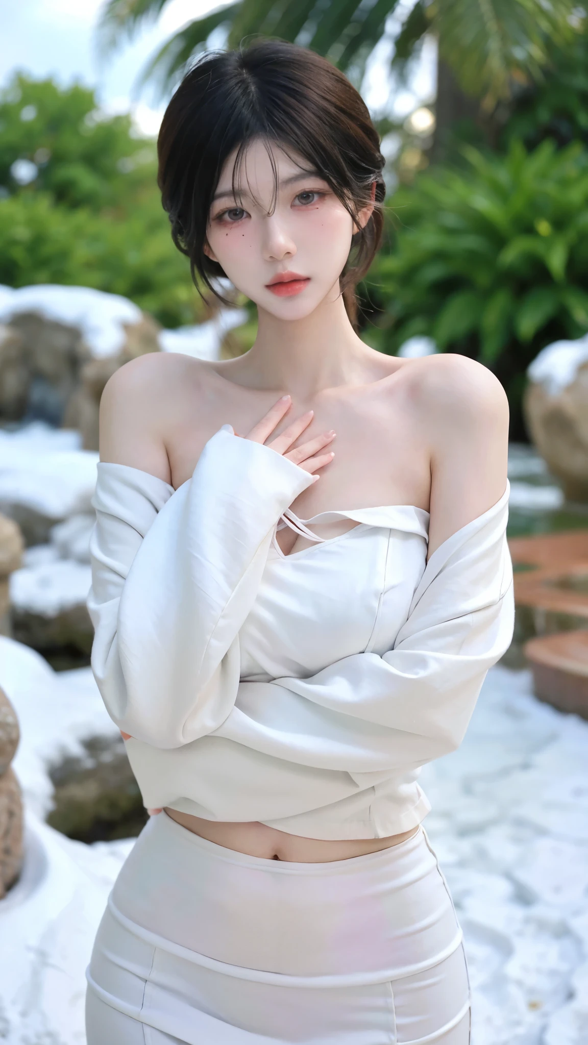 Beautiful woman with perfect body：1.4，Layered Hairstyle，Prominent cleavage，Highly detailed face and skin textures，Double eyelids，Skin Whitening，Long hair，Whitened long legs，Sitting on knees