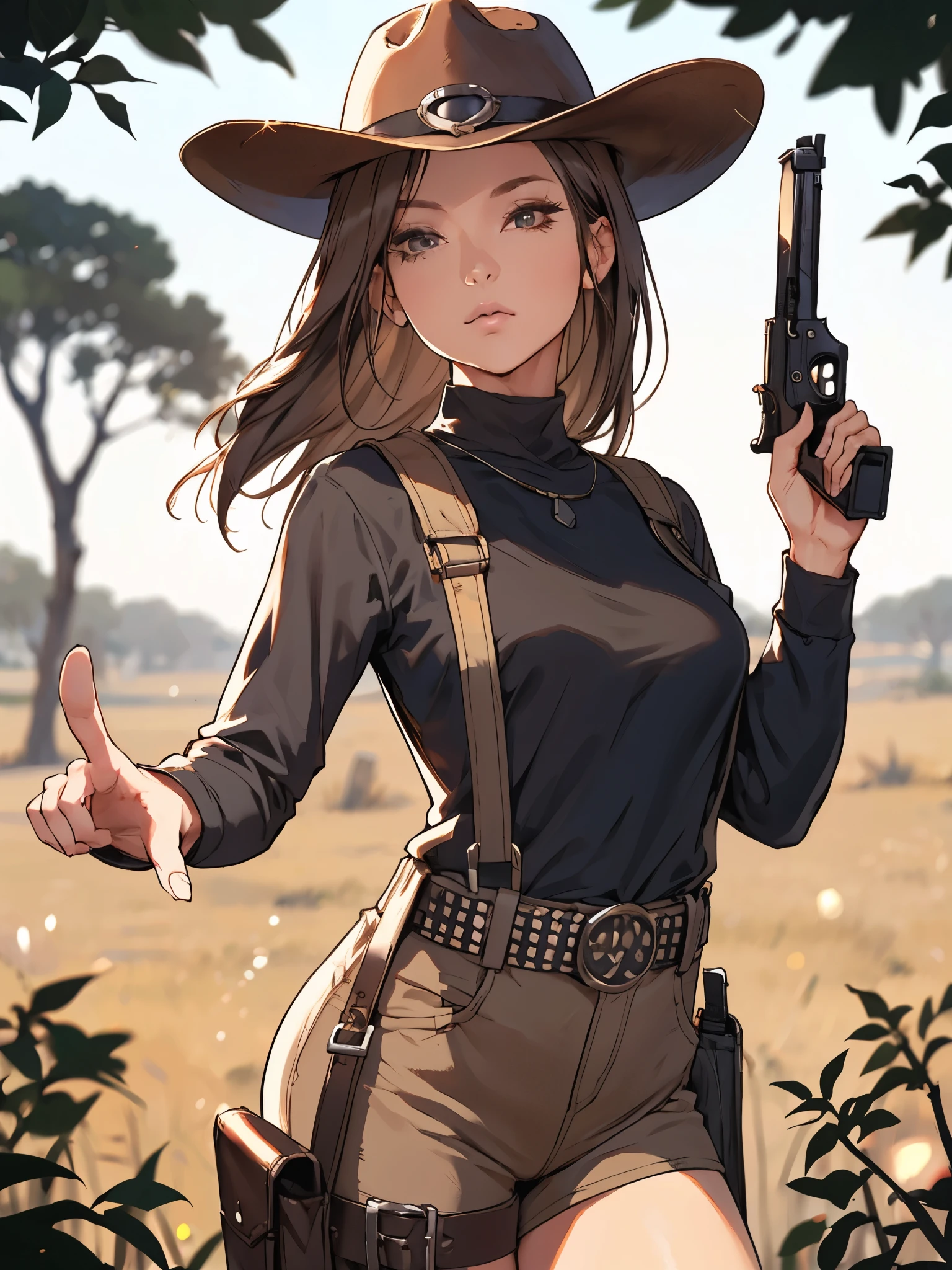 girl, sexy, pointing gun at camera, body tilt, cowboy hat, long hair, looking at viewer, belt, sharp focus, savana, dead tree, blurry background, bokeh, loose brown hair, black turtleneck long sleeves blouse, knife holster,