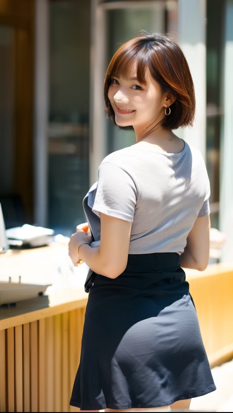 (((Normal torso:1,back view,looking at viewer))),indoor,Office,Wearing a t-shirt,Female college student,smile,Age 25, Short Hair、bangs、(Solid skirt),Cute earrings,Bright sunlight