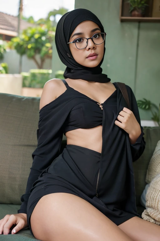 A sweet beautiful young Bogor city girl, 25 years old, sweet georgeus round childish face, white pale skins, big wide forehead, cute hawk type little nose, big round eyes, dark big mole under her eyes, very slim little body, slim legs, very slim buttock, straight neck short slim hairs, dark brownish small mouth, sensual thin uper lip, sensual heavy lower lip, small size teenage breasts, descent mixed from sundanese and javanese, shy and quite type girl, her name is Salma, she is ex local university student, nate thin straight medium black hairs with a bangs, sleeping down while siting spread legs on sofa at her home yard, she is very tired and exhausted after has a long journey, wearing messy Indonesian muslimah hijab, wearing messy very thin long sleeve muslimah shirt and folded up unzipped long muslimah skirt, sunshine shining to all her body, cute sweet sleeping face, closed tired eyes, wearing glasses,