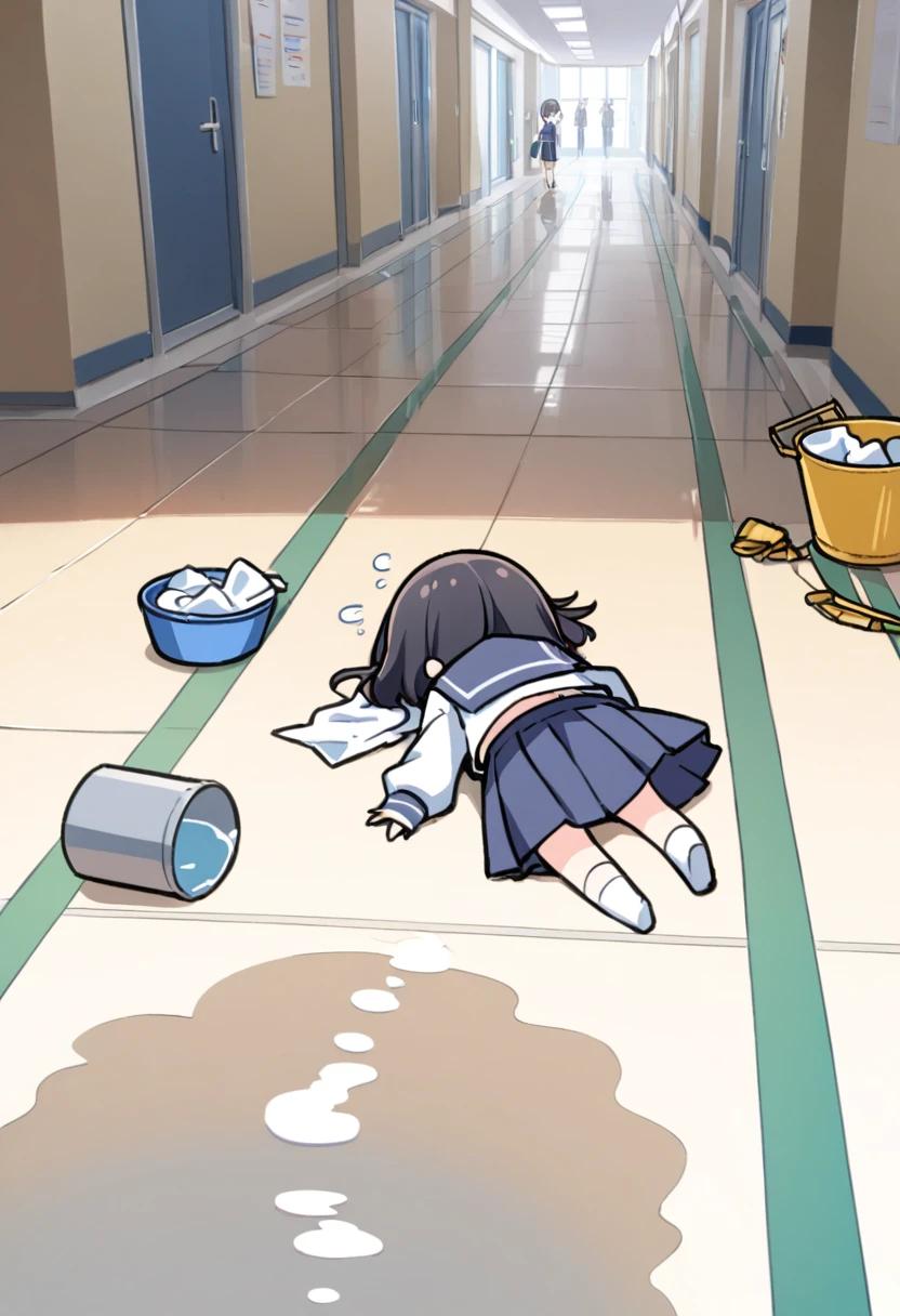 Chibi, 1girl, face down, spread out, whole body, school uniform, lying down, sleeping, back of head, relaxing,do you look dead? ,rear view,BREAK, A school hallway, a fallen bucket, a puddle of water, a rag, many students around, and a worried look on her face as she falls.