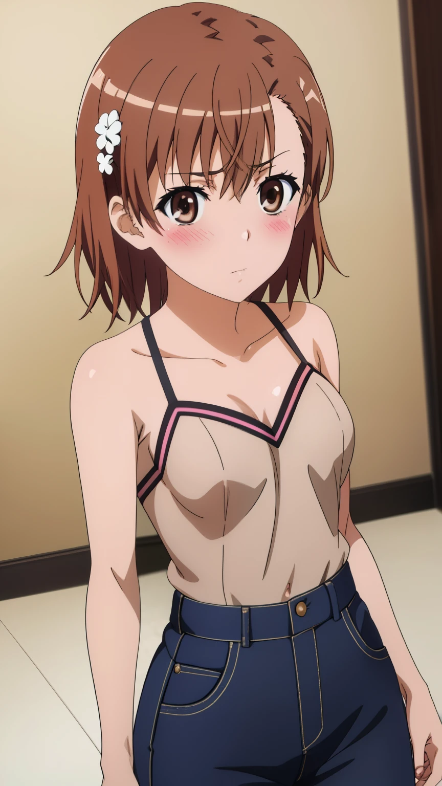 Kousaka honoka, cowboy shot,bikini ,latex pants, standing, pants pulled down, smile ,nsfw,big breasts 