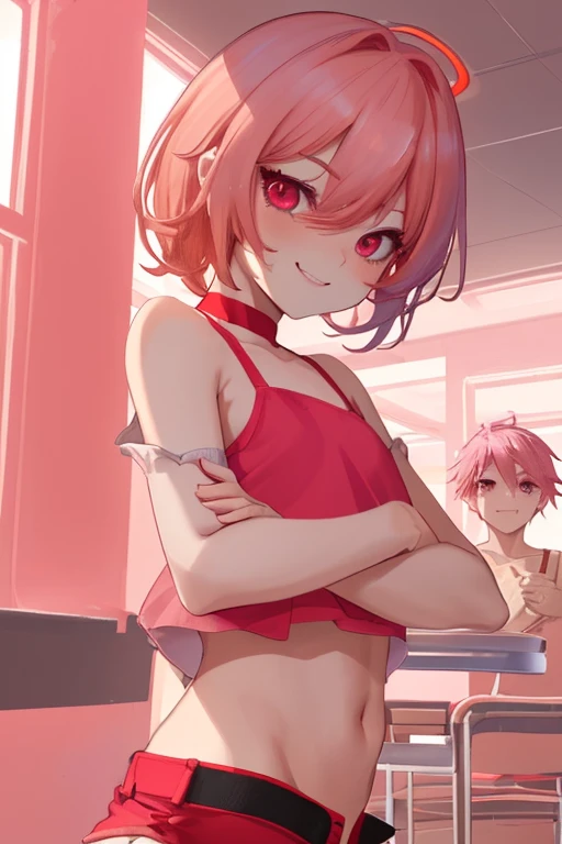anime boy with bright pink hair, red - cheeks!!, zerochan, zerochan art, short hair, by Kamisaka Sekka, messy spiked red hair, by Puru, by Shingei, a single braid hanging on the left side of his face.