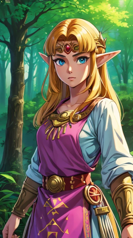 (1girl, solo, zelda-albw), (extremely detailed CG unit 8k wallpaper),(master part), (best quality), (ultra detail), (best illustration),(tomonorikogawa), cowboy shot, (Sharp eyeliner, ombre, detailed eyes:1), forest, outdoors background, ,break, upper body, 