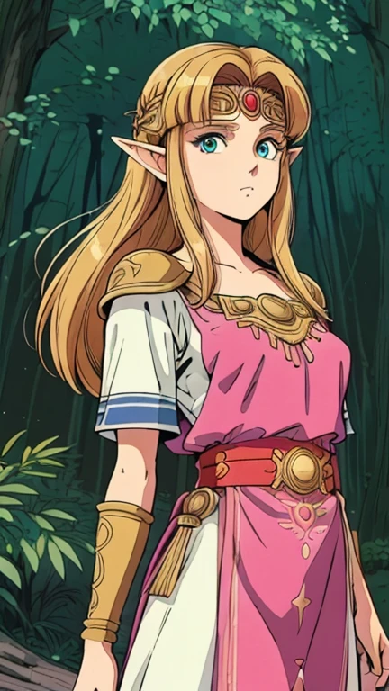 (1girl, solo, zelda-albw), (extremely detailed CG unit 8k wallpaper),(master part), (best quality), (ultra detail), (best illustration),(1980s_style), cowboy shot, (Sharp eyeliner, ombre, detailed eyes:1), forest, outdoors background, ,break, upper body, 