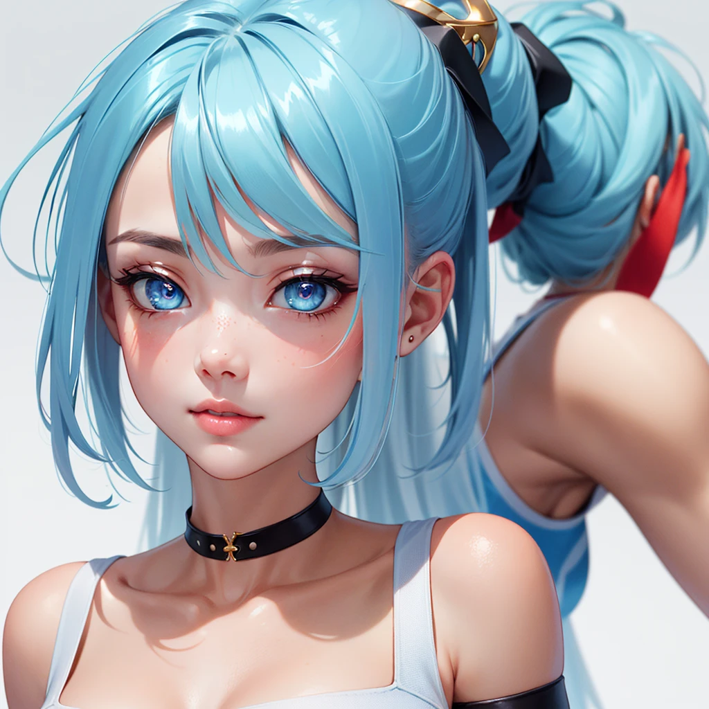 Score_9, Score_8_Superior, Score_7_Superior,sauce_anime, High-resolution images,masterpiece of the highest quality,girl,Cute face,Beautiful Skin,Shiny Hair,Highly detailed eyes,Simple Background, Jojibān, mini skirt,Ponytail Hair,Long Hair,Light pastel blue hair,