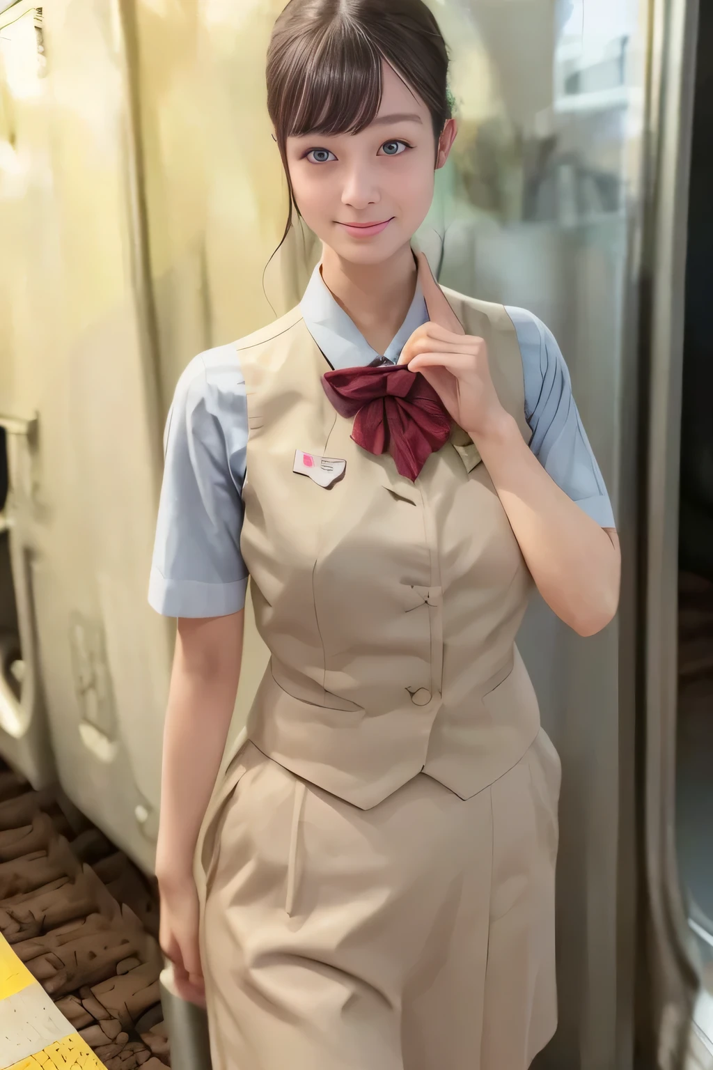 (masterpiece:1.2, Best Quality:1.2), 32K HDR, High resolution, (Alone、1 girl)、（On the roof of a building during the day、Professional Lighting）、Building rooftop background、（Real style of JR Woman wearing train crew uniform beige）、（（JR Female Train Crew Uniform Beige Light Blue Blouse Short Sleeve 、 Knee-length culottes skirt、Beige vest、scarf））、Dark brown hair、（Long Hair、Hair tied up、Hair tied up）、Dark brown hair、Long Shot、Big Breasts、Thin legs、（（Great hands：2.0）），（（Harmonious body proportions：1.5）），（（Normal limbs：2.0）），（（Normal finger：2.0）），（（Delicate eyes：2.0）），（（Normal eyes：2.0））)、smile、（JR Woman Train crew uniform beigeのKnee-length culottes skirtを見せた美しい立ち姿）、Hands down