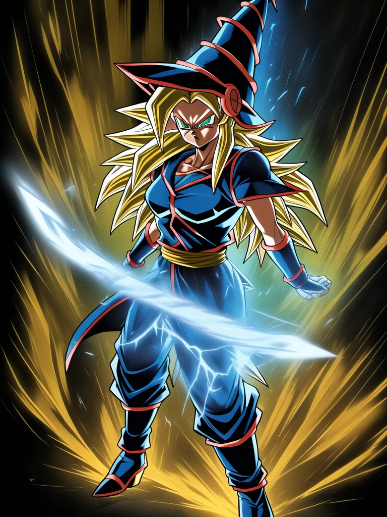 
dbz style, (extremely detailed CG unity 4k wallpaper),(masterpiece),(ultra quality),(ultra-detailed),(best illustration),(best shadow),(absurdres),masterpiece, best quality, cinematic light, 1girl, angry, dark magician girl, blonde hair, blue headwear, blue footwear, duel monster, hat, hexagram, long hair, looking at viewer, magic, magic circle, glow, glowing, glowing particles, sparks, saiyan's aura, wizard hat, yu-gi-oh!, dynamic pose, serious 