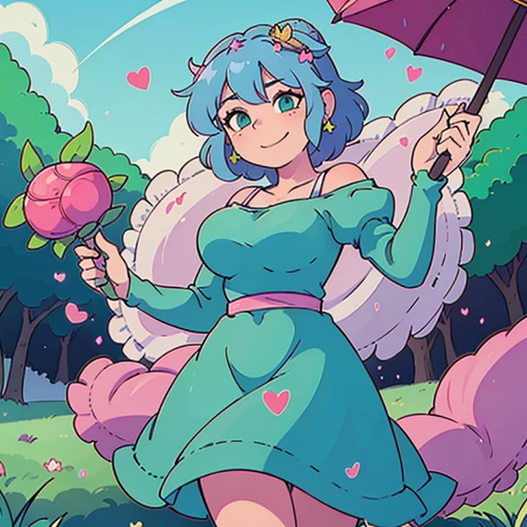 1 female, blue hair, curly hair, green eyes, huge breast, princess dress, green dress, pink sky, pink flowers, grass, princess crown, happy face, heart earrings