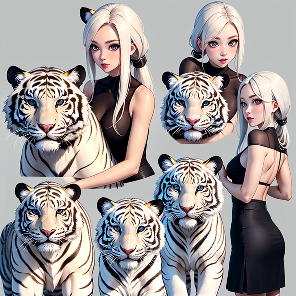 Score_9, Score_8_Superior, Score_7_Superior,sauce_anime, High-resolution images,masterpiece of the highest quality,girl,Cute face,Beautiful Skin,Shiny Hair,Highly detailed eyes,Simple Background, Jojibān, mini skirt,Ponytail Hair,Long Hair,Light milky white hair,White tiger incarnation of the four gods、Cute white tiger、