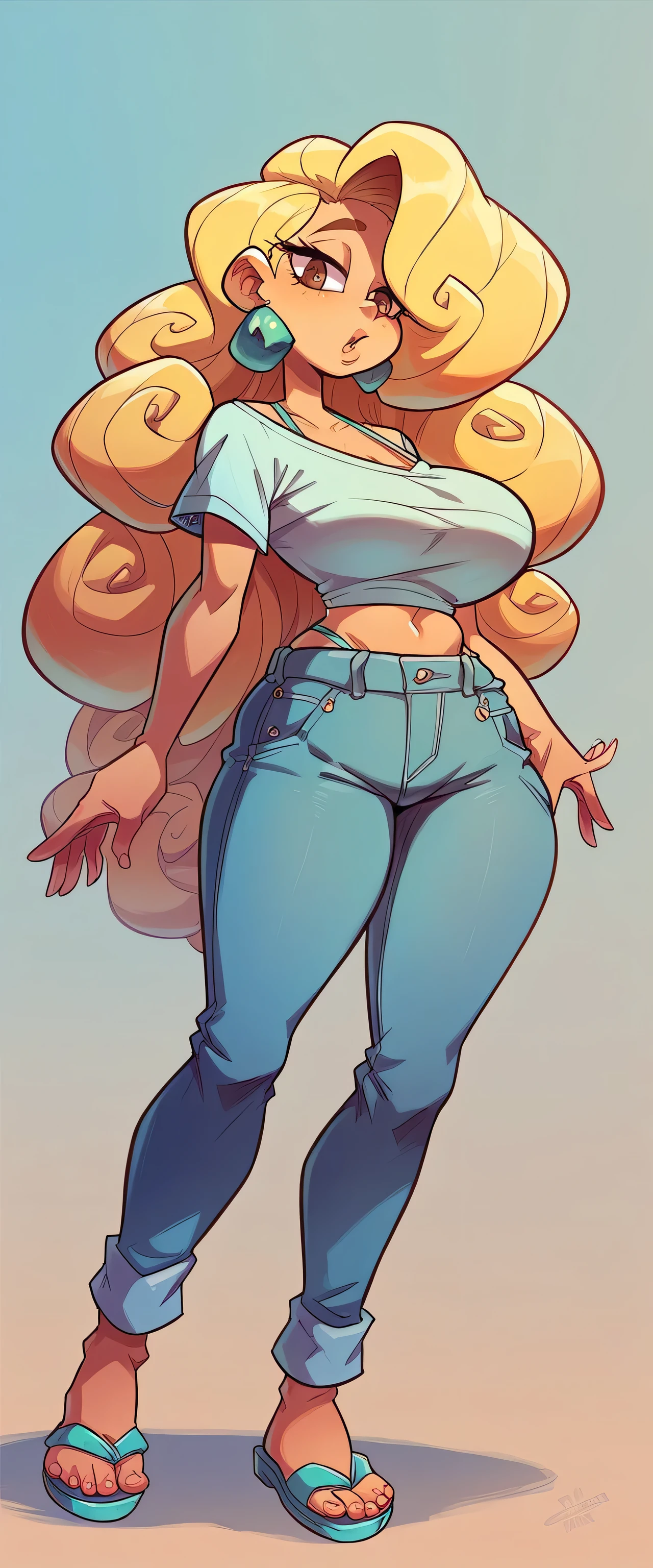 [Coco bandicoot], [Uploaded to e621.net; (Pixelsketcher), (wamudraws)], ((masterpiece)), ((HD)), ((solo portrait)), ((full body)), ((front view)), ((feet visible)), ((furry; anthro)), ((detailed fur)), ((detailed shading)), ((beautiful render art)), ((intricate details)), {anthro; orange fur, black nose, (cute green eyes), (short eyelashes), (pink eyeshadow), (long blonde curly hair), (curvy hips), (beautiful legs), (blushing), (cute grin)}, {(white tank top pink lining), (navel), (tight jeans), (pink sneakers)}, {(standing), (hand on hip), (hand on head), (looking at viewer)}, [background; (tropical forest), (garage), (workbench), (blue sky), (ambient lighting)]