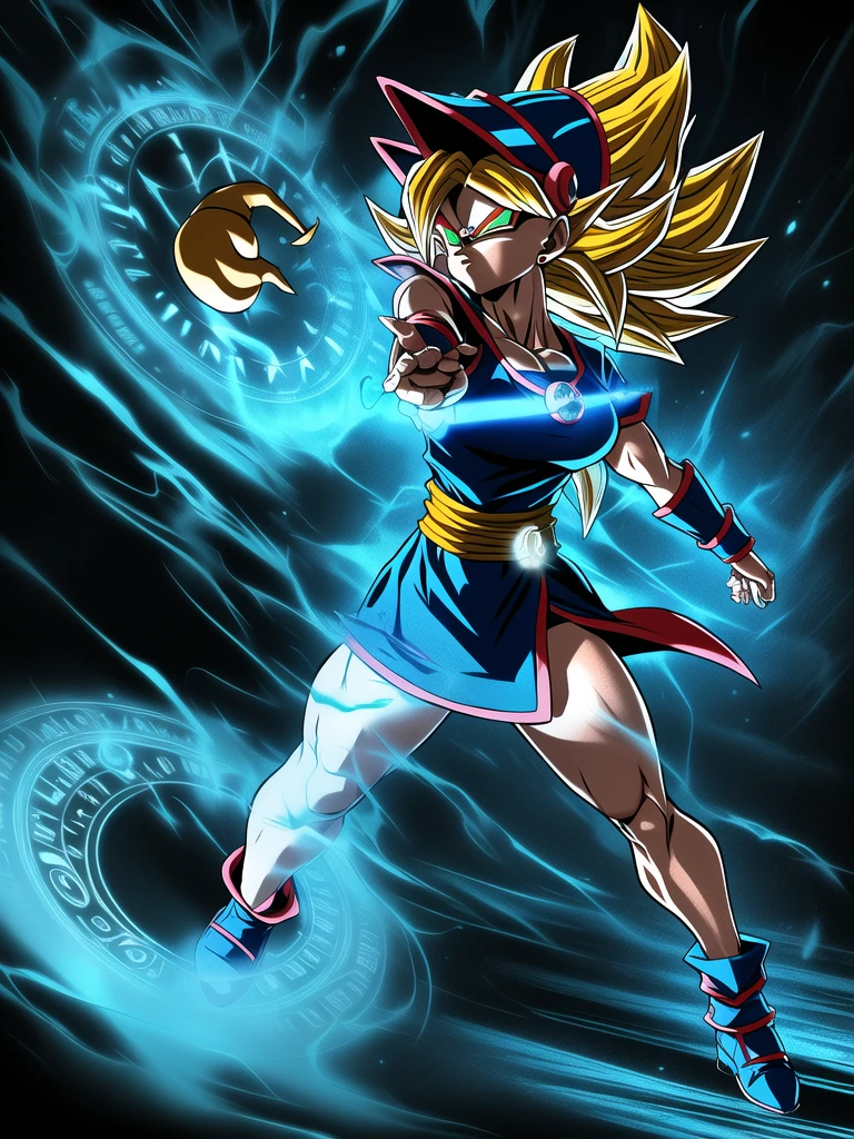 
dbz style, (extremely detailed CG unity 4k wallpaper),(masterpiece),(ultra quality),(ultra-detailed),(best illustration),(best shadow),(absurdres),masterpiece, best quality, cinematic light, 1girl, angry, dark magician girl, blonde hair, blue headwear, blue footwear, duel monster, hat, hexagram, long hair, looking at viewer, magic, magic circle, glow, glowing, glowing particles, sparks, saiyan's aura, wizard hat, yu-gi-oh!, dynamic pose, serious 