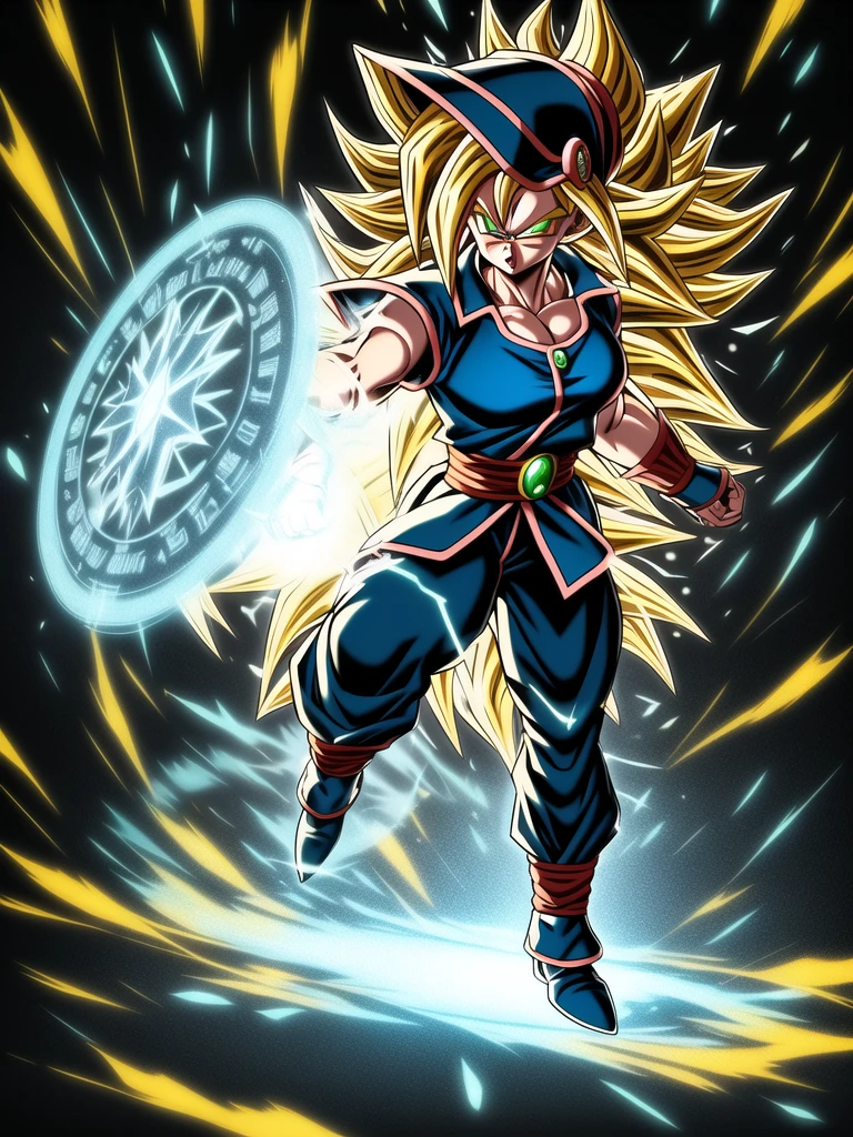 
dbz style, (extremely detailed CG unity 4k wallpaper),(masterpiece),(ultra quality),(ultra-detailed),(best illustration),(best shadow),(absurdres),masterpiece, best quality, cinematic light, 1girl, angry, dark magician girl, blonde hair, blue headwear, blue footwear, duel monster, hat, hexagram, long hair, looking at viewer, magic, magic circle, glow, glowing, glowing particles, sparks, saiyan's aura, wizard hat, yu-gi-oh!, dynamic pose, serious 