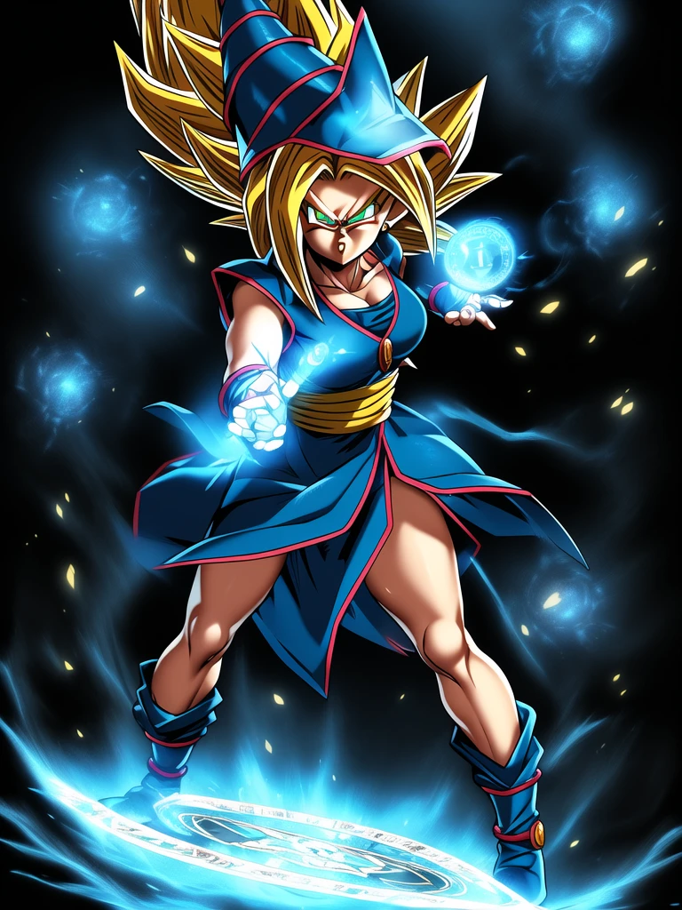 
dbz style, (extremely detailed CG unity 4k wallpaper),(masterpiece),(ultra quality),(ultra-detailed),(best illustration),(best shadow),(absurdres),masterpiece, best quality, cinematic light, 1girl, angry, dark magician girl, blonde hair, blue headwear, blue footwear, duel monster, hat, hexagram, long hair, looking at viewer, magic, magic circle, glow, glowing, glowing particles, sparks, saiyan's aura, wizard hat, yu-gi-oh!, dynamic pose, serious 