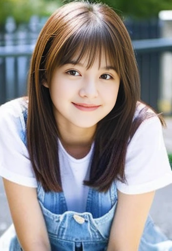 Lens 135mm f1.8, (highest quality),(RAW photo), , (Beautiful Japanese girl), cute face, (deeply carved face:0.7), (freckles:0.6), ,dramatic , (japanese school (croptop) light_redbrown tanktop), (inside the school), shy, low twintails, , (smile),, (sparkling eyes)、(standing), (body forward), Facing forward、