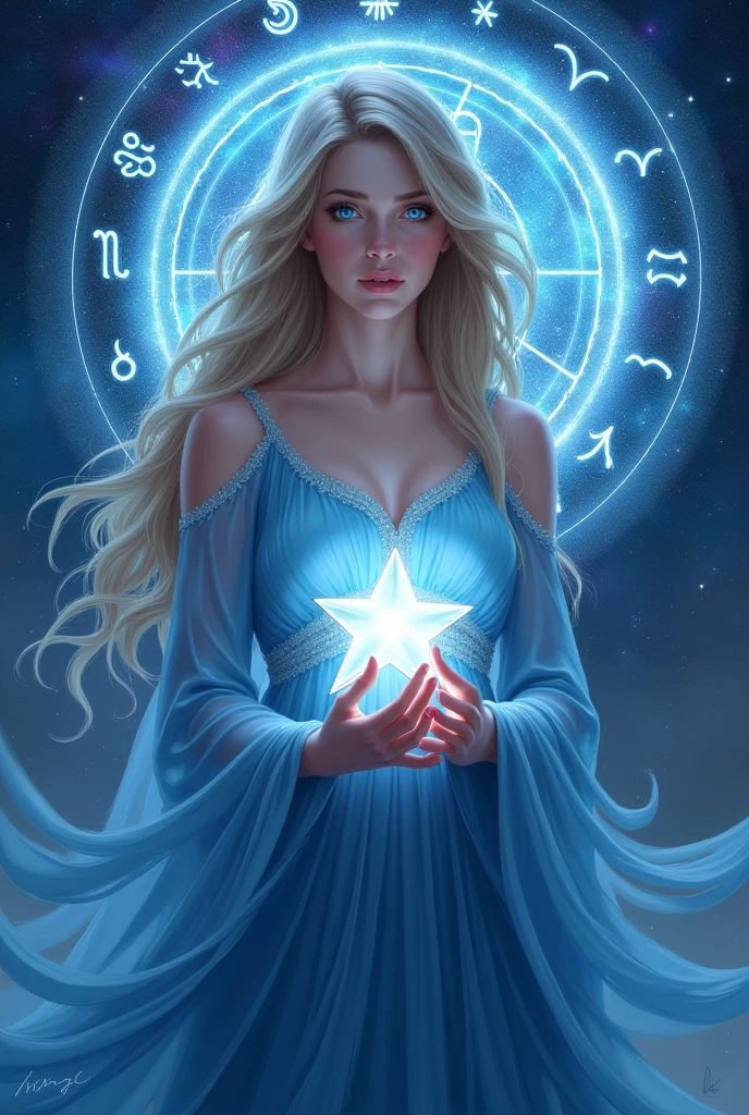 a full-length digital painting of a woman with a celestial blue dress and a star in her hands, digital art by Johfra Bosschart, trending on Artstation, fantasy art, portrait of a cosmic goddess, zodiac symbols in a mystical circle  behind her, cosmic goddess, extremely detailed features, expressive blue eyes, celestial goddess, astral goddess in cosmos, beautiful celestial mage, divine cosmic female powers, goddess of space and time, astral appearance, goddess of galaxies