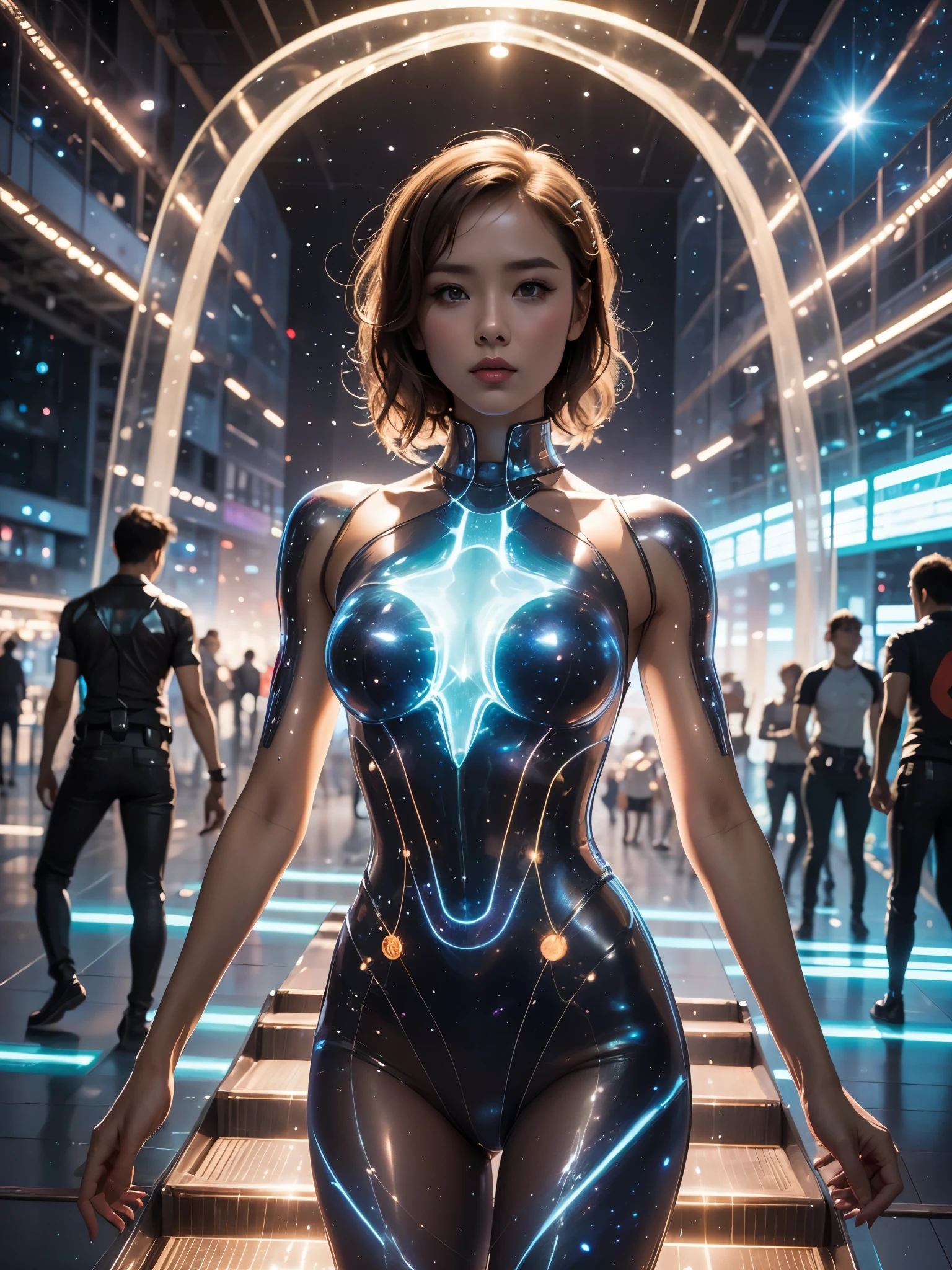 An ultra hot gorgeous thai woman, known as a popular playmate and men's magazine model, portrayed as a fierce female space ranger in a dynamic action pose. She is dressed in a sleek, form-fitting space suit with futuristic details, standing confidently with a laser blaster in hand against a backdrop of stars and galaxies in the vast cosmic expanse. The lighting accentuates her features and adds a sense of drama to the scene.