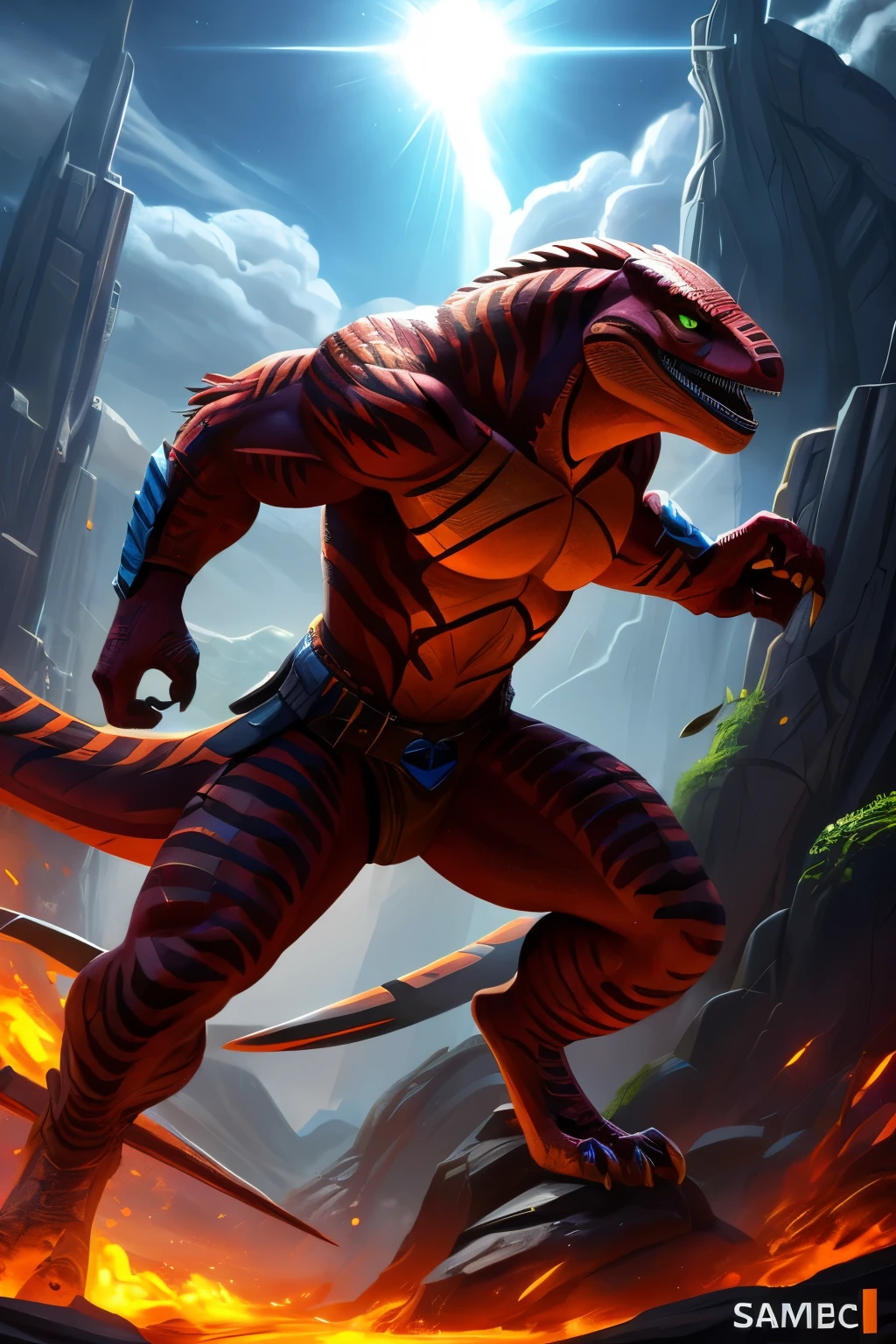 Scaly skin in red, orange, yellow, and green, ((Dragonborn)), muscular, ((rifle)), feather armor, tropical background