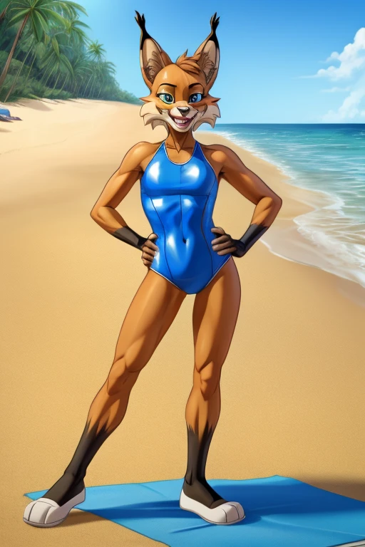 Lynx cartoon skinny slim in blue lycra swimsuit on beach with happy face