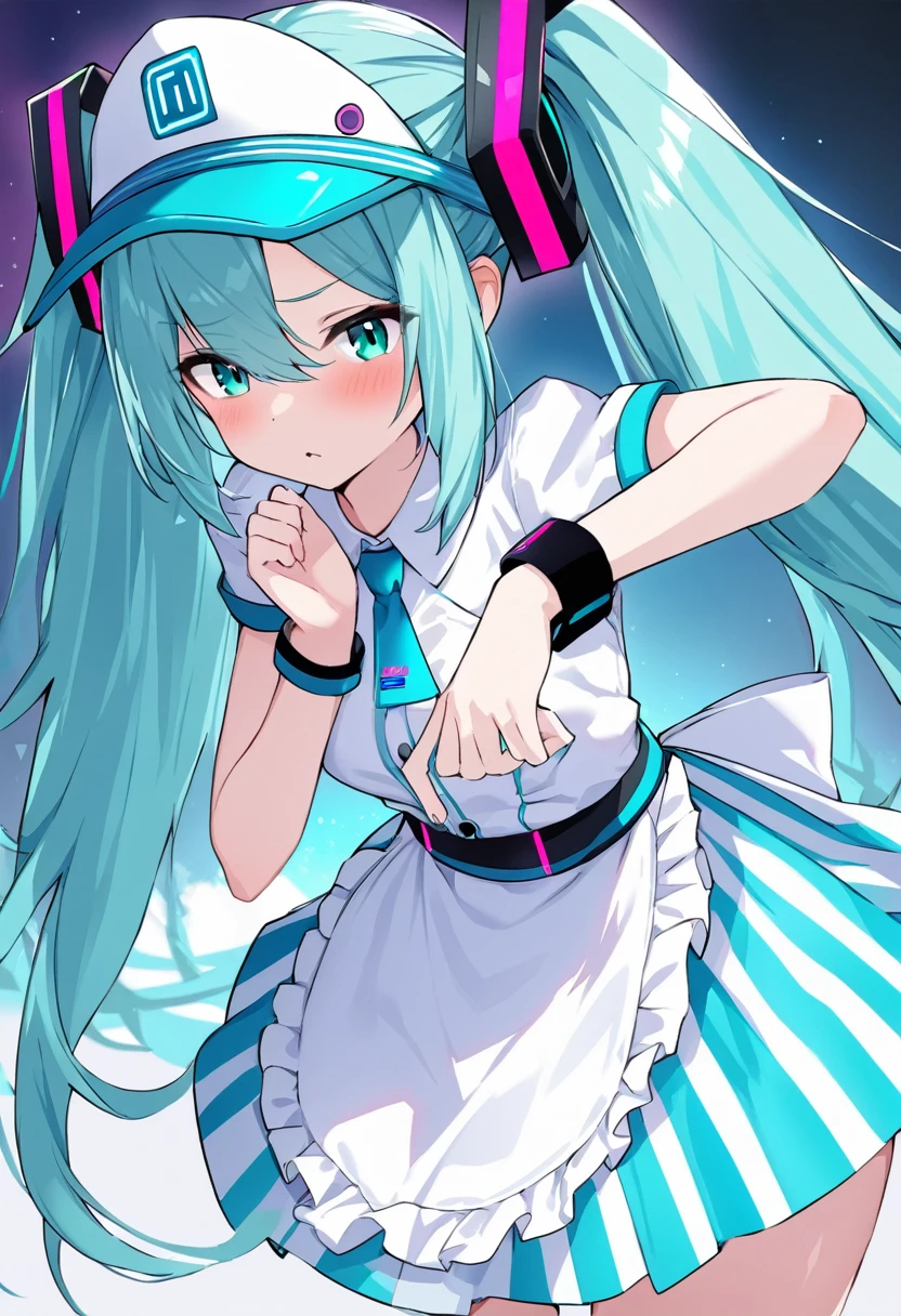 hatunemiku、Mesmerizer、Best Quality, masterpiece1 girl, Alone, Hatsune Miku Blue Striped Dress, Waist Apron Visor Cap, Wrist cuff,