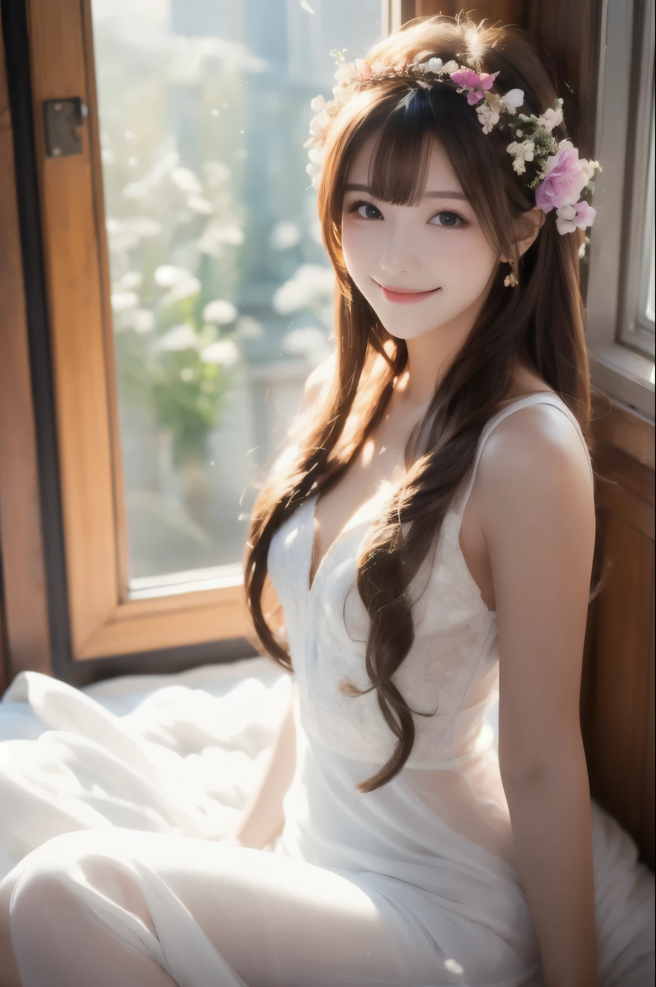 a girl,white dress,long hair,smile,lie in bed,sunlight shining on hair,the window is covered in flowers,outside the window is nature,facing the camera,there are flowers on the hair,