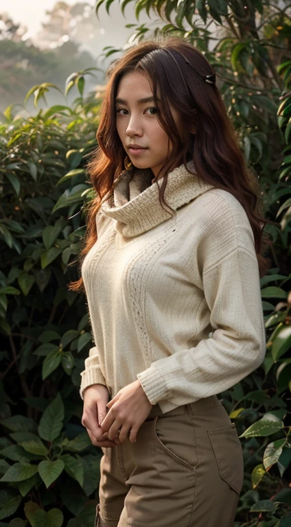 masterpiece, black hair, beautiful, elegant. Ultra-fine details, masterpieces, realistic textures, realistic cinematic lighting, perfect work, 8k, HD, delicate facial features, (Image from thighs to head), large breast, (Japanese idol:1.2), Casual and cozy winter hiking outfit in muted tones, Happy hiker trekking through a snowy forest trail, Winter wonderland with snow-laden trees and a crisp mountain breeze, Nature exploration in the chilly season,