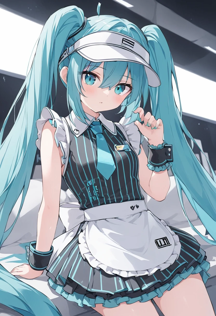 hatunemiku、Mesmerizer、Best Quality, masterpiece、One girl, Alone, Hatsune Miku、Blue vertical striped dress, Waist apron、Visor Cap, Wrist cuff