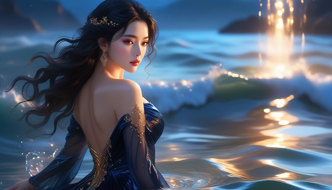 A Masterpiece In 32K Resolution, Supreme Quality, Super Detail, Official Art, Very High-Resolution 32K Wallpaper, Cinematic Lighting, Beautiful And Aesthetic, Ultra-Detailed Features, Awe Inspiring Detail. A Girl With Skin Light, Adorned In A Flowing Velvet Gown, Highlight Her Ample Breasts. Her Jet-Black Hair Cascades Down In Soft Waves, While Gentle Mist Swirls Around Her. Her Eyes, A Deep Midnight Blue, Captivate With Their Intensity. Her Skin Glows With A Subtle Luminescence, Standing Out Against A Water Backdrop. Gentle Light Filters Through The Water, Casting A Soft Glow On Her Form. The Scene Evokes A Sense Of Enigma, With Every Element Adding To The Mystical Aura.