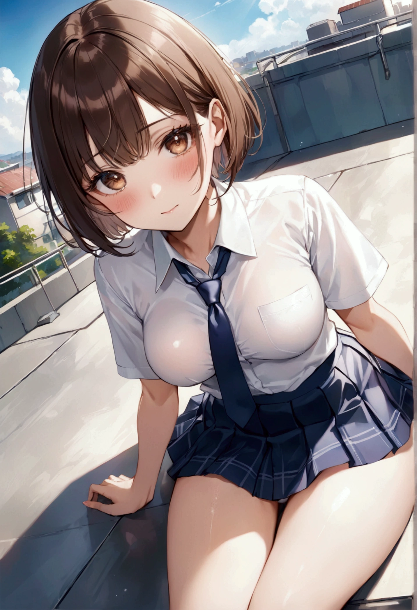 NSFW、Crouching、独奏、Toned body、Bare thighs、Crouching、squat、(Panty shot、White panties、Panties transparent with sweat、Mansuji)、（uniform、Dark blue blazer、Light blue ribbon、White shirt、Collared shirt、Grey Micro Mini Skirt Grey、Grey Pleated Skirt Grey）、シャツ越しに透けたBig Breasts、(short hair、Brown Hair、Barrette、hair ornaments)、(Brown eyes:1.5)、(yuihirasawa、yui hirasawa、Yui Hirasawa)、Big Breasts、Women&#39;s High、classroom、独奏