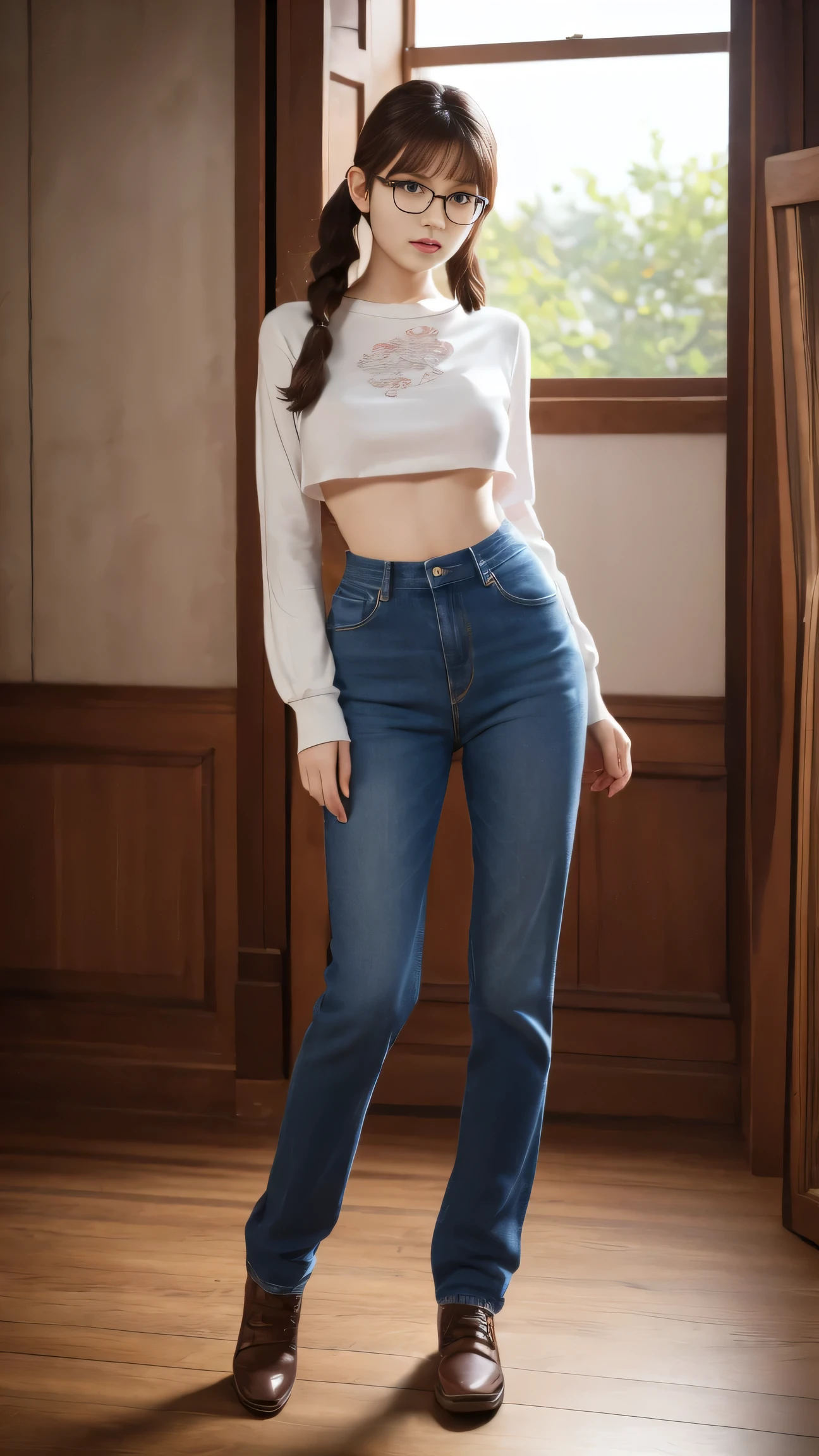 View your audience,Full body photo、Facing forward、Leaning forward,(Random cute clothes),(Random Animation Pose),(Thin type),(Small breasts),(Random hairstyle),(Best image quality, (8k), Ultra-realistic, 最high quality, high quality, High resolution, High quality texture, Attention to detail, Beautiful details, Delicate details, Highly detailed CG texture, Realistic facial expressions, Before masterpiece),(Wearing glasses:1.1)