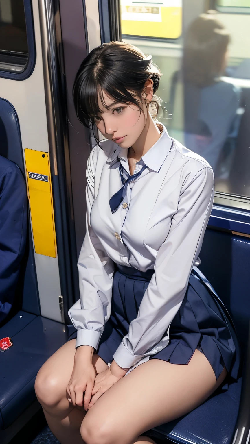 8k, RAW photos, ((Very cute slender alafed asian schoolgirl in short skirt and bow tie sitting on a crowded train)), (((Big: 1.3, Saggy breasts: 1.3))), ((White open button Long Shirt)), (Low angle shot), (exposed:1.5),  (Japan school uniform), (Japan school uniform), (wearing Japan uniform), (surreal schoolgirl), (dressed as a schoolgirl, surreal schoolgirl), wearing a uniform, a realistic schoolgirl, a girl in a uniform, wearing a uniform, high school girl pose, full body, nice skin, glowing skin, nice thighs, shining thighs, shining legs, (a beautiful girl with beautiful brown eyes, brown hair, white skin, Huge soft breasts and beautiful abs, pubic hair), ((in a crowded train)).