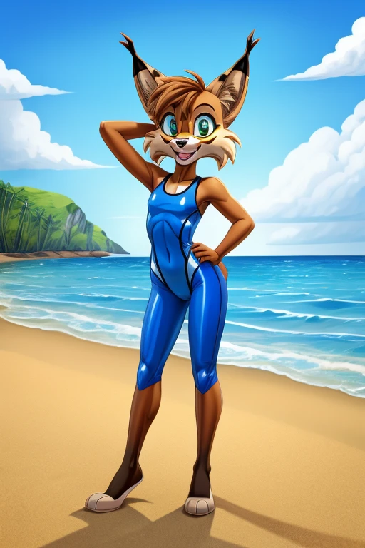 Lynx cartoon skinny slim in blue lycra swimsuit on beach with happy face