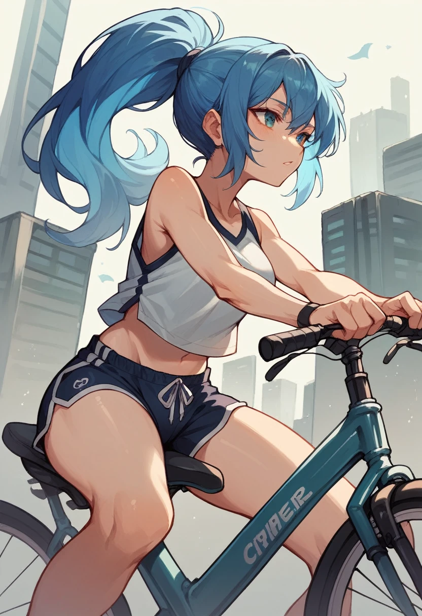 1girl, ponytail, blue hair, blue eyes, china dress, night view, rides a bicycle,