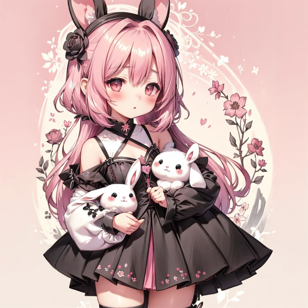 (Exquisite, beautiful, Very detailed, masterpiece, High resolution,high quality,High resolution), (Well-formed face,Soft and thin lines: 1.2, Beautiful and delicate illustrations with a mature and transparent feel, Pixiv-inspired anime illustration,Cute pastel-colored girl illustrations that go viral among Japanese people on Twitter),beautiful flower々,petal,A very small girl with fluffy, droopy rabbit ears and a tail, fluffy, cute sleeves, and knee-high socks with lace is relaxing happily on a fluffy cloud.,Fluffy, frilly clothes with lace, frills and ribbons,(She has short eyebrows, pale pink cheeks, plump pink lips, a small nose, big, fluffy eyes, and a fair complexion with a good figure.),Vibrant and striking colors,defenseless,The fur is fluffy and soft