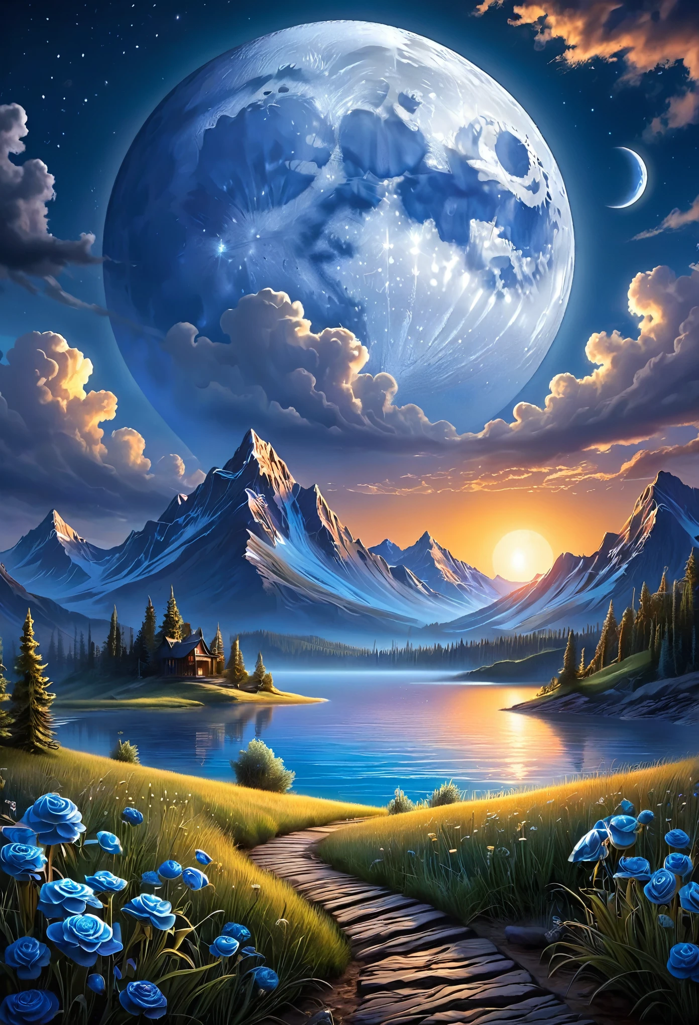 art：Phil Koch, Megan Howland Blue Moon Digital Larue Pocherves Summer Landscape Sunset Luminous Illustration, A complex background of fantastical realism, Dynamic lighting, DIGITAL PAINTING, Highly detailed and complex 
