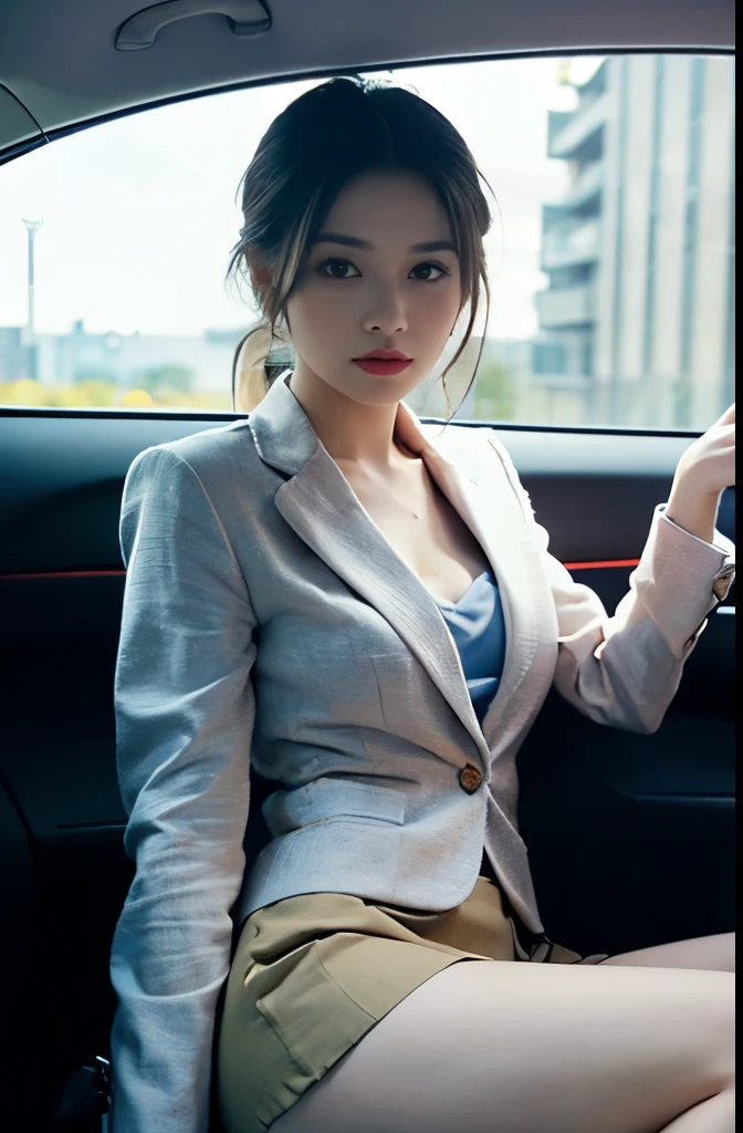 ((Small underboob)), (shoulder length straight short hair:1.0), Black hair,Upper body, （Extremely meticulous CG 8k wallpaper），（Extremely refined and beautiful），（Masterpiece），（best qualtiy：1.0），（Ultra High Resolution：1.0），beautiful light up，Perfect lightning，realistic shaded，[A high resolution]，Smooth and flawless fair skin，Extremely exquisite facial details，（perfect body：1.1），ultra - detailed，A beautiful girl，small head,glasses,(Small breasts:1.1)，Flat chests，slim，thin，Smile，cheerfulness，(dark blue suit:1.5),(light blue shirt:1.3),(light blue pantyhose:1.5），autumn，Morning,in a spacious private car,A female driver,(sitting in seat and place her hands on the steering wheel:1.5),intently driving car,safety belt,Shot,(cowboy shot:1.3),as if the camera is on the passenger seat,(Portrait above chest level:1.3),looking straight ahead